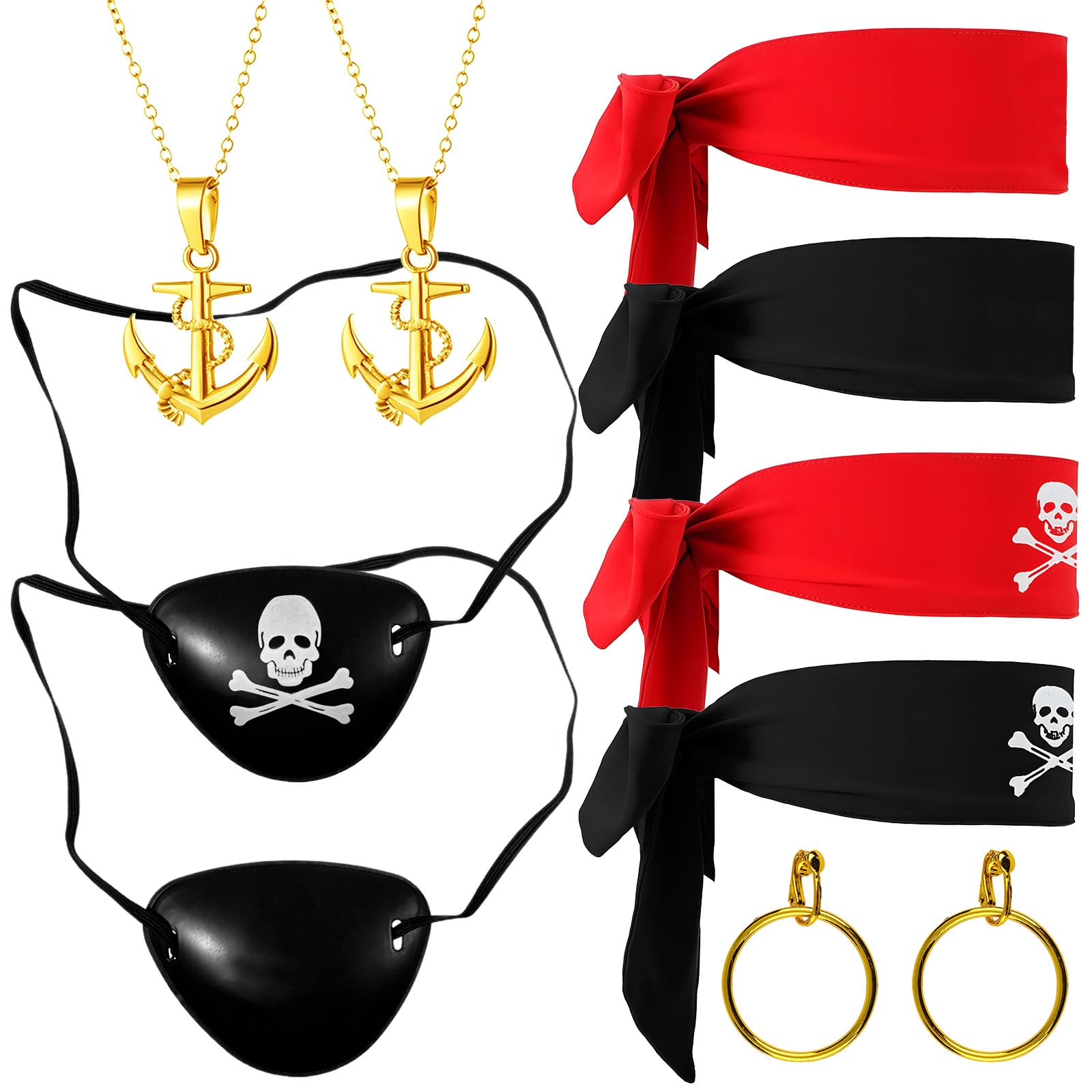 Yiwuran 10Pcs Pirate Costume Accessories Set, Bandana Eye Patch Gold Earrings Necklace, Costume Party Supplies for Party Halloween Carnival Masquerade Cosplay Dress Birthday