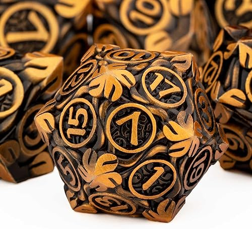 Miniatura 1 de KERWELLSI Juego de 7 piezas de dados DND de metal de hojas de vides naturales D&D con caja de regalo, dados poliédricos de oro antiguo de mazmorras