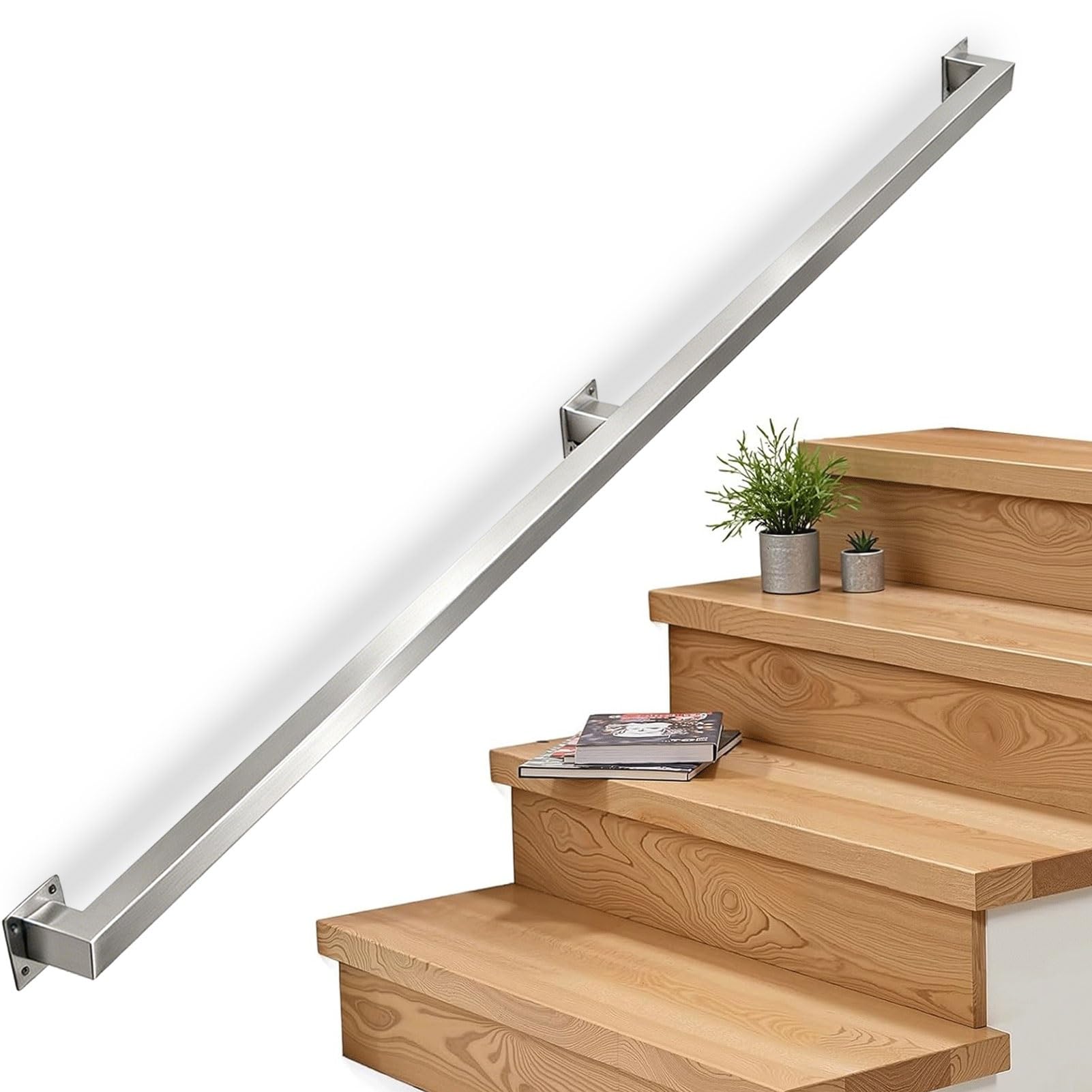 Sxbhdm One Color Stainless Steel Stair Handrail, Square Pipe Stair Railing For Indoor/Outdoor Steps, Wall Mounted Support Staircase Hand Rail, Safety Grab Bar(17Ft/510Cm)