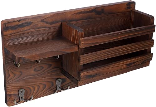 Estante de madera rústica para llaves de pared con ganchos, estante flotante de madera, organizador decorativo para llaves, organizador para