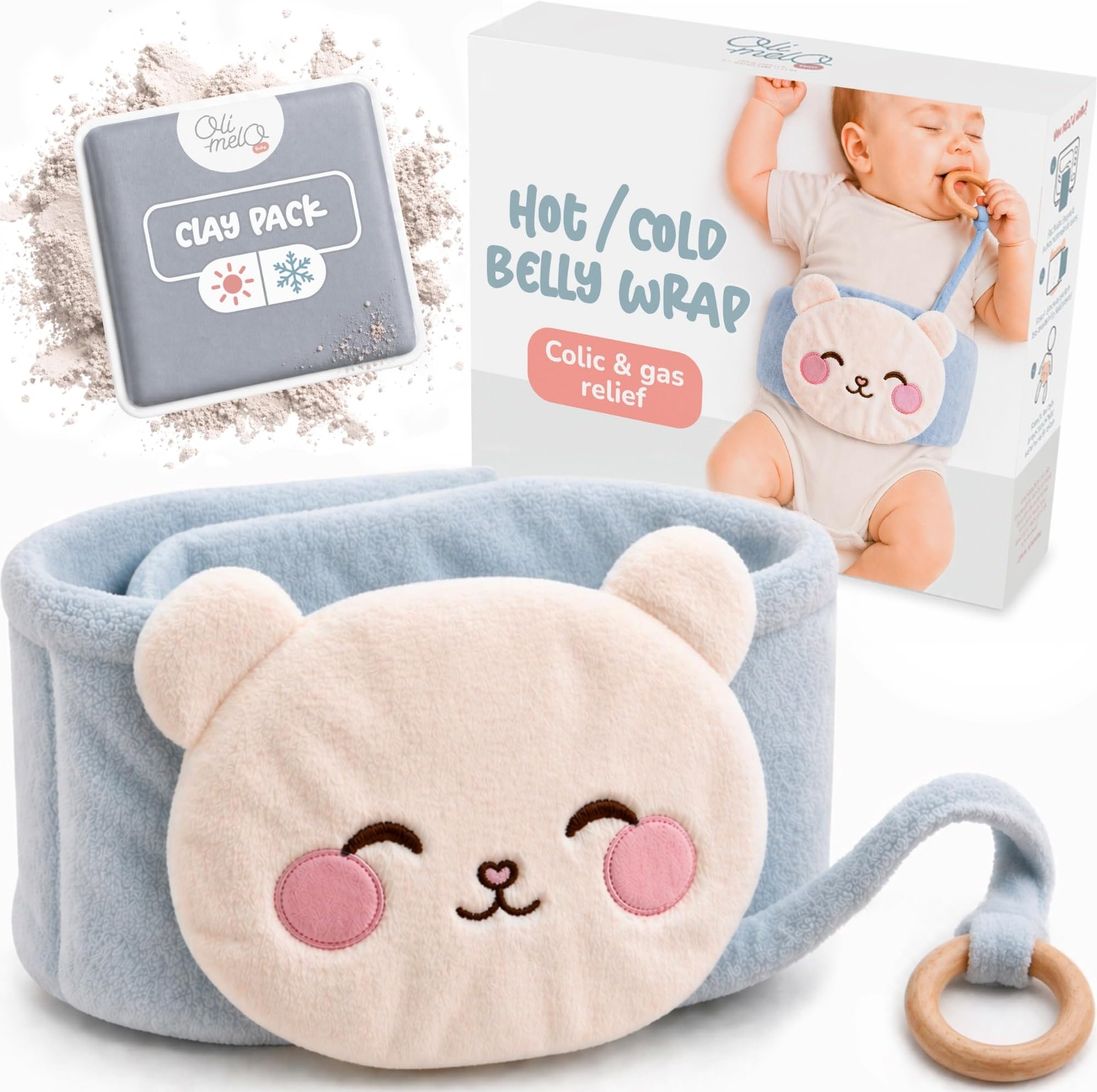 Baby Colic & Gas Relief Heating Tummy Wrap - Hot & Cold Clay Pack for Bruises & Gassy Belly - UKCA-Certified - Wooden Teether, Soft Plush Swaddle Band, Premium Belt for Infant Newborn