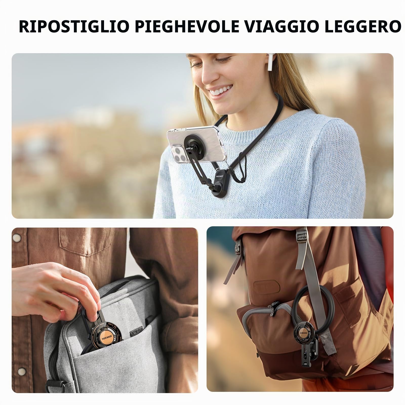 NEEWER Supporto Magnetico da Collo per Action Camera e Telefono, Treppiede da Collo Supporto da Petto Compatibile con GoPro DJI Insta360 iPhone 15 Android, Neck Phone Holder per POV Video Vlog, GP16