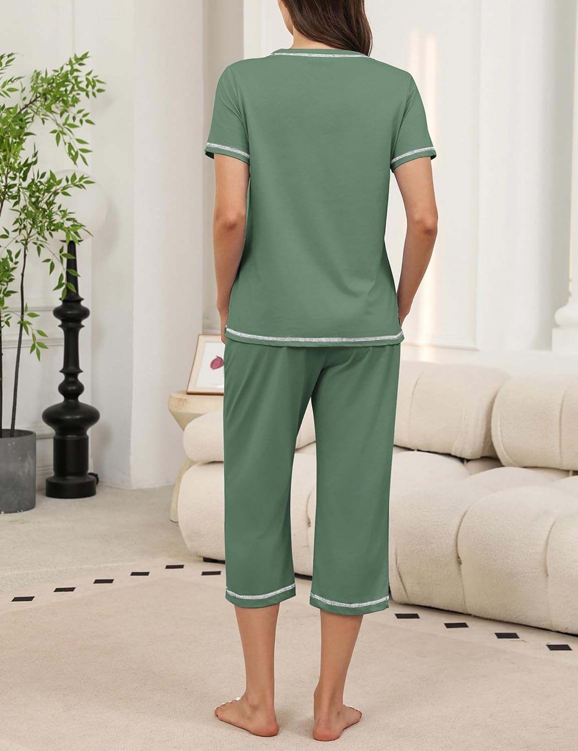 KCW Womens Pajama Sets 100% Cotton Pjs Set Short Sleeve Tops and Capri Pants 2 Piece Lounge Set with Pockets S-XXL
