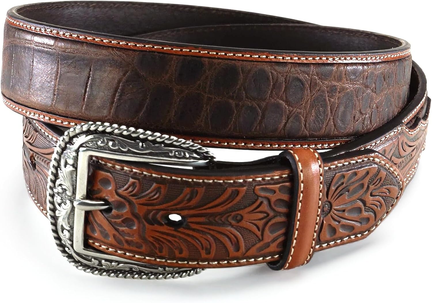 ARIAT Men's Two-Tone Floral Tab Crocodile Print Leather Belt
