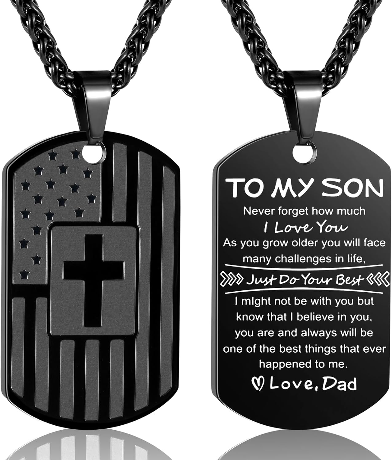 To My Son Husband Boyfriend American Flag Cross Necklace Dog Tag Pendant Chain Easter Valentines Fathers Day Christmas Birthday Graduation Thanksgiving Christian Religious Gifts for Boys Men Him