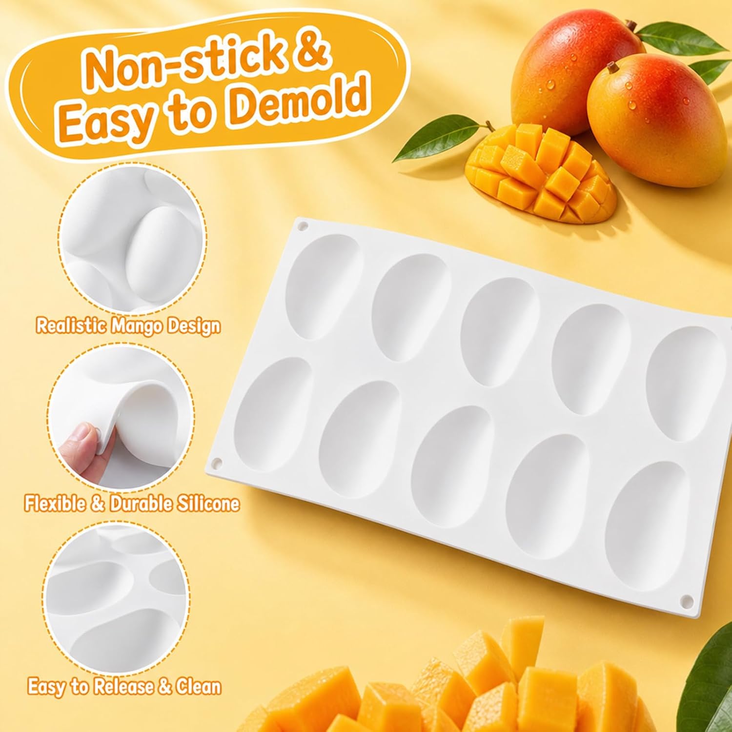 1PCS Mango Mold, 10-Cavity Mango Silicone Mold for Baking and Crafts, Fruit Molds for Mousse Cakes Pastries Chocolate Desserts, Non-Stick Fruit Molds Silicone with Realistic Design