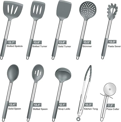 Miniatura 7 de P&P CHEF - Juego de 10 utensilios de cocina de cocina, resistentes al calor, con mango de acero inoxidable, espátula giratoria, cuchara y cortador