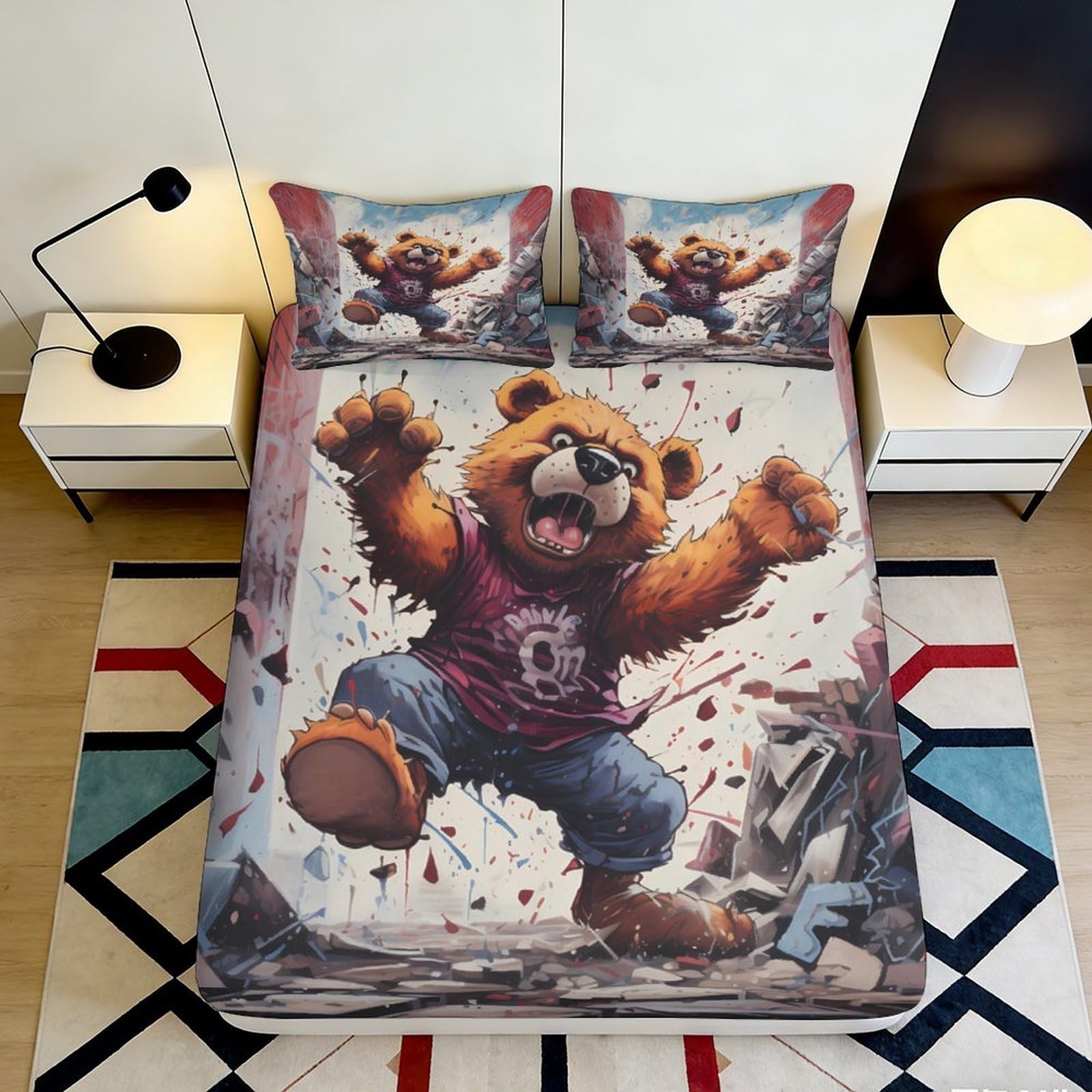 3D Printed Angry Bear Fitted Sheet Microfiber Soft Durable 3D Printed Urban Graffiti Bed Cover for Bedroom Dormitory Guest Room Mattress Protection 120x200x25cm