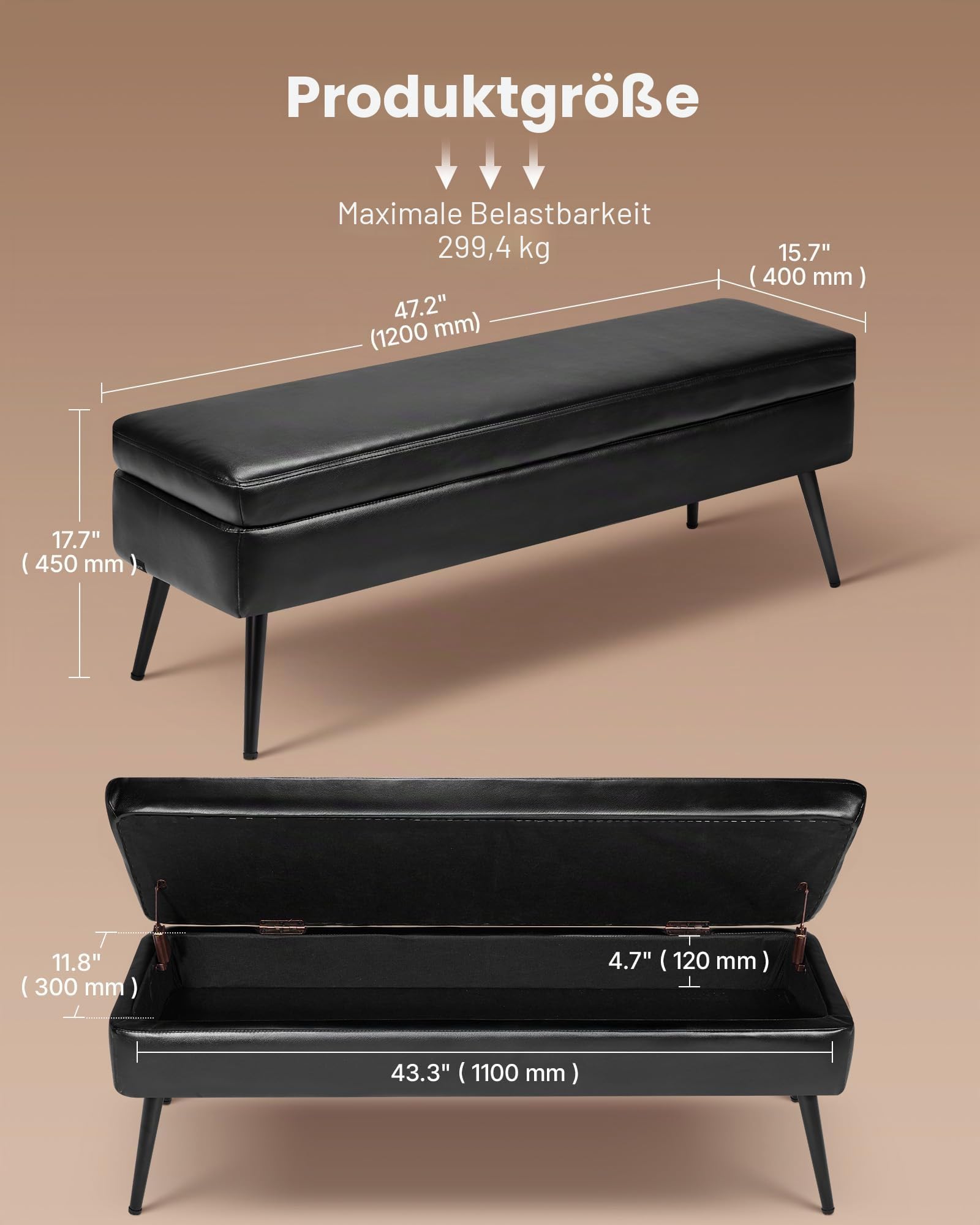 VEVOR Sitzbank Ottomane (40 x 120 x 45 cm) aus PU-Leder mit Metallbeinen & Stauraum, gepolsterte Schuhbank mit 300 kg Tragkraft, Moderne Bettbank Schlafzimmerbank für Wohnzimmer Esszimmer Schwarz