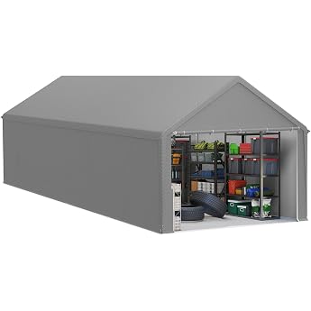 LZQ Storage Tent 4 x 8 m - Tool Tent Tool Shed & Tent Garage with Robust PE Tarpaulin - Weatherproof Shelter with Roof Reinforcement & Floor Frame for Tools Devices Garden & Construction Site Grey