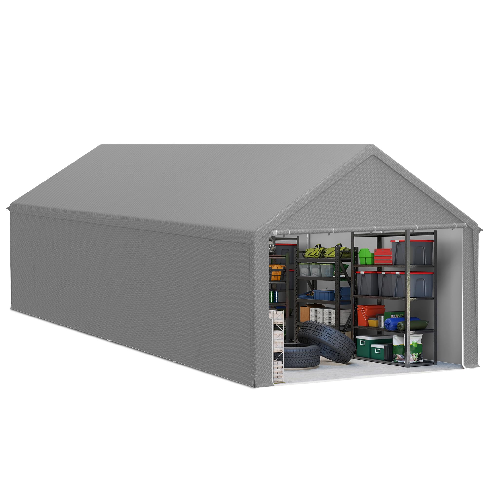 LZQ Tenda da magazzino, 4 x 8 m, tenda per attrezzature, casetta degli attrezzi e garage con robusto telo in polietilene, resistente alle intemperie, con rinforzo sul tetto e telaio per attrezzi