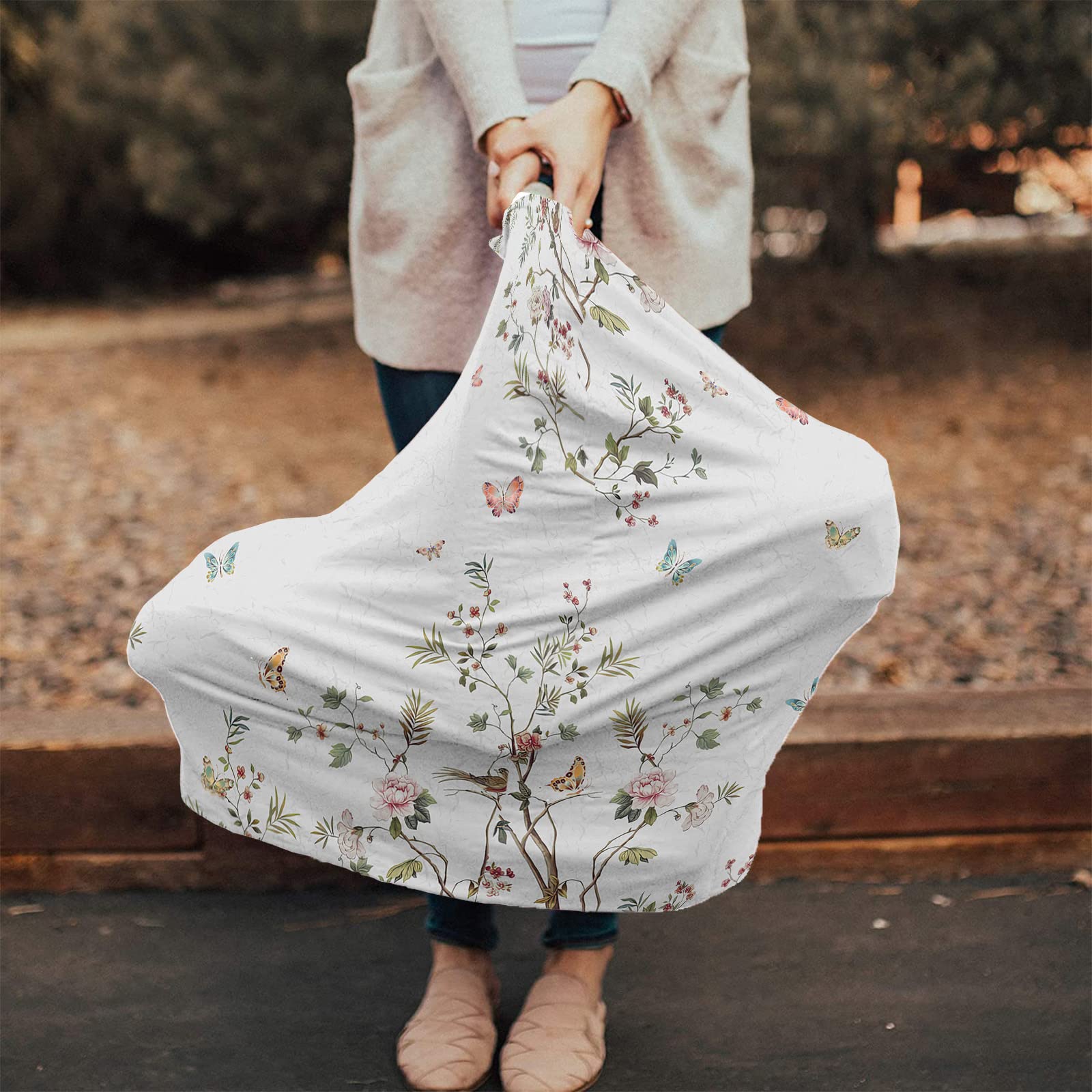 Nursing Cover for Breastfeeding Scarf, Butterfly Spring Trees Leaves Floral Baby Car Covers Super Soft Multi Use for Canopy Shopping Cart Cover Blanket Stroller Cover
