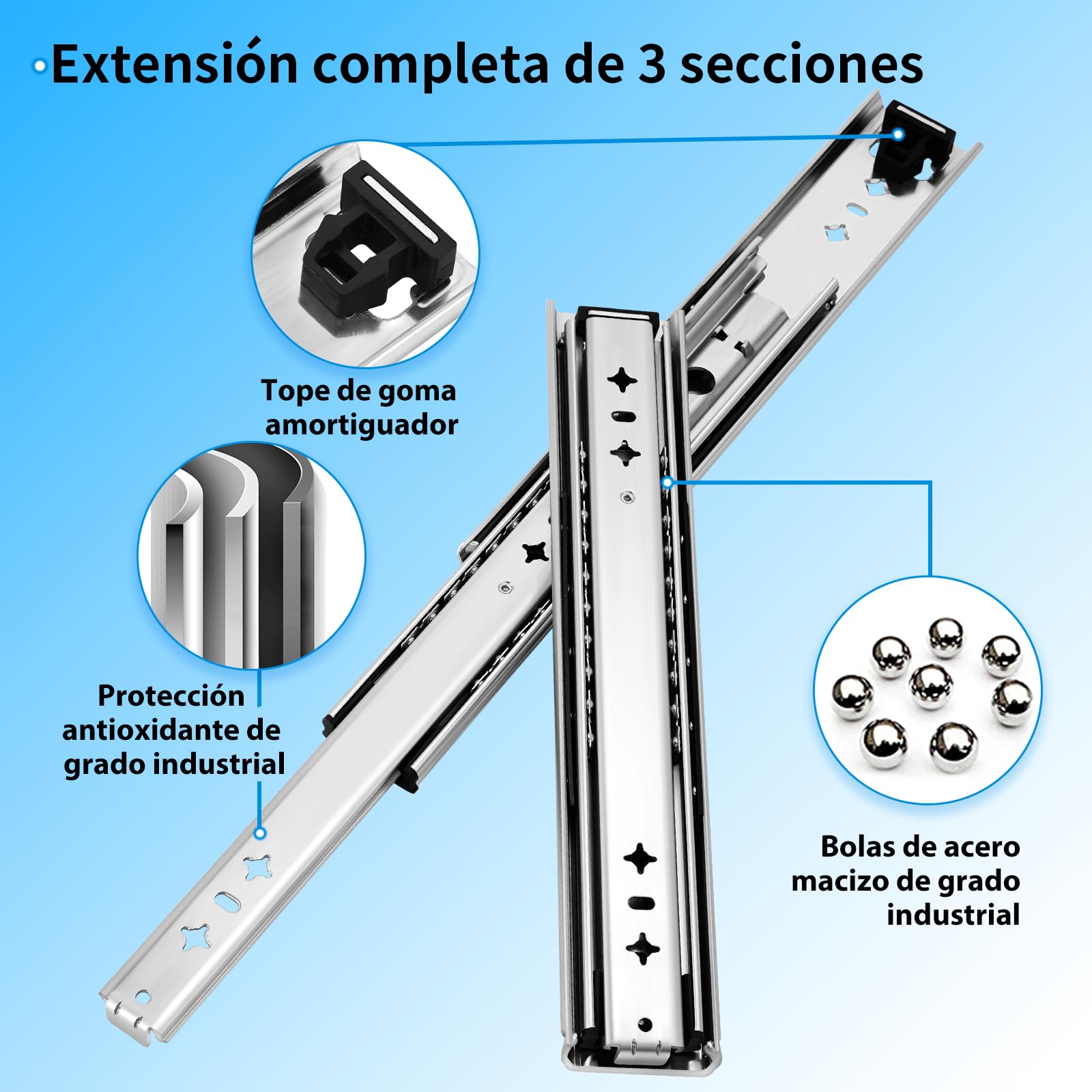 Yenuo - Guías de cajón de extensión completa con rodamientos de bolas de 95.30 kg, rieles de montaje lateral, de alta resistencia, 50,8 cm