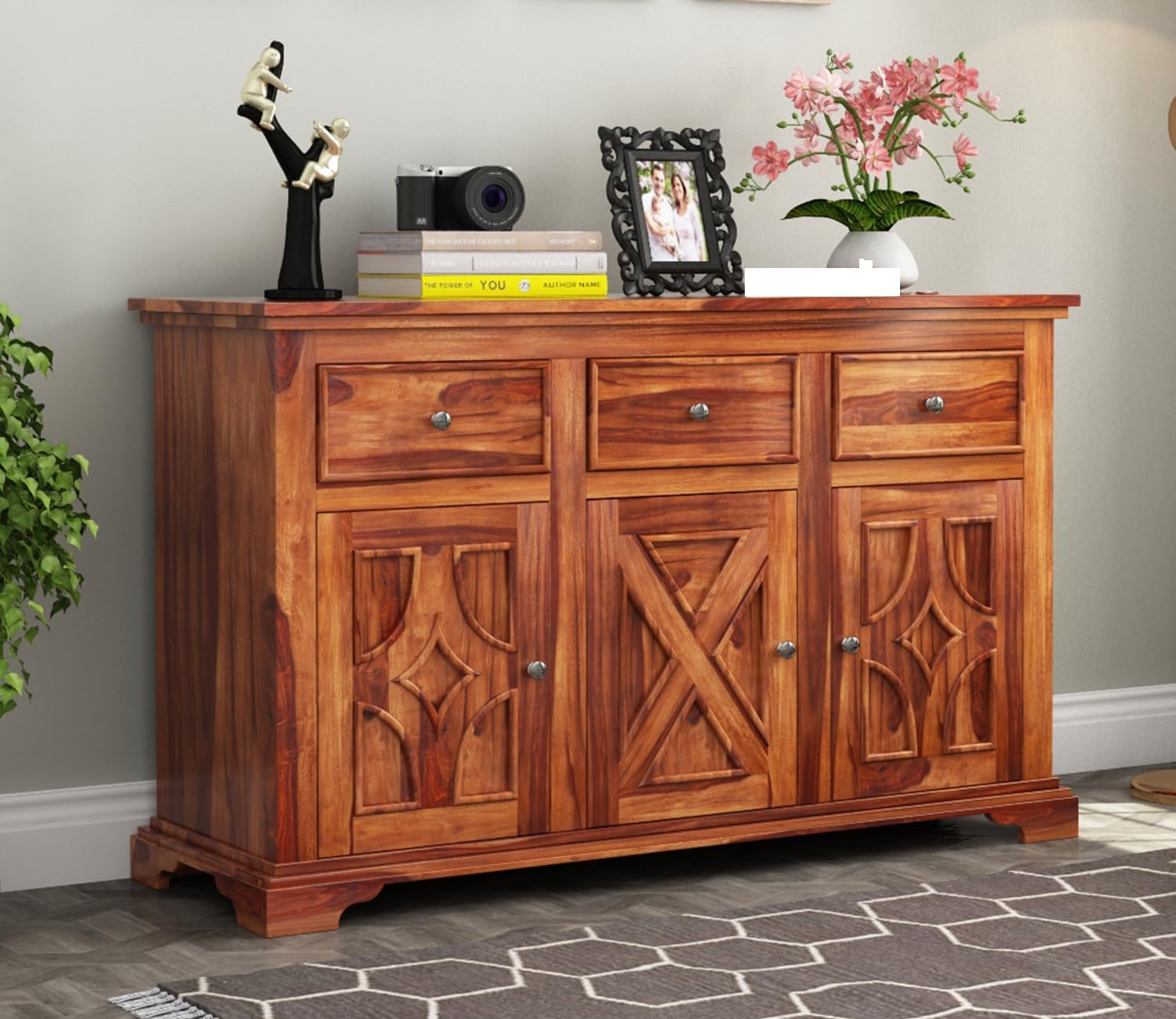Sheesham Wood Sideboard Cabinet for Living Room - Solid Wooden Storage Cabinet with 3 Drawer & 6 Shelves - Multipurpose Sideboard for Bedroom Dining & Home Furniture (Cora)-image-48