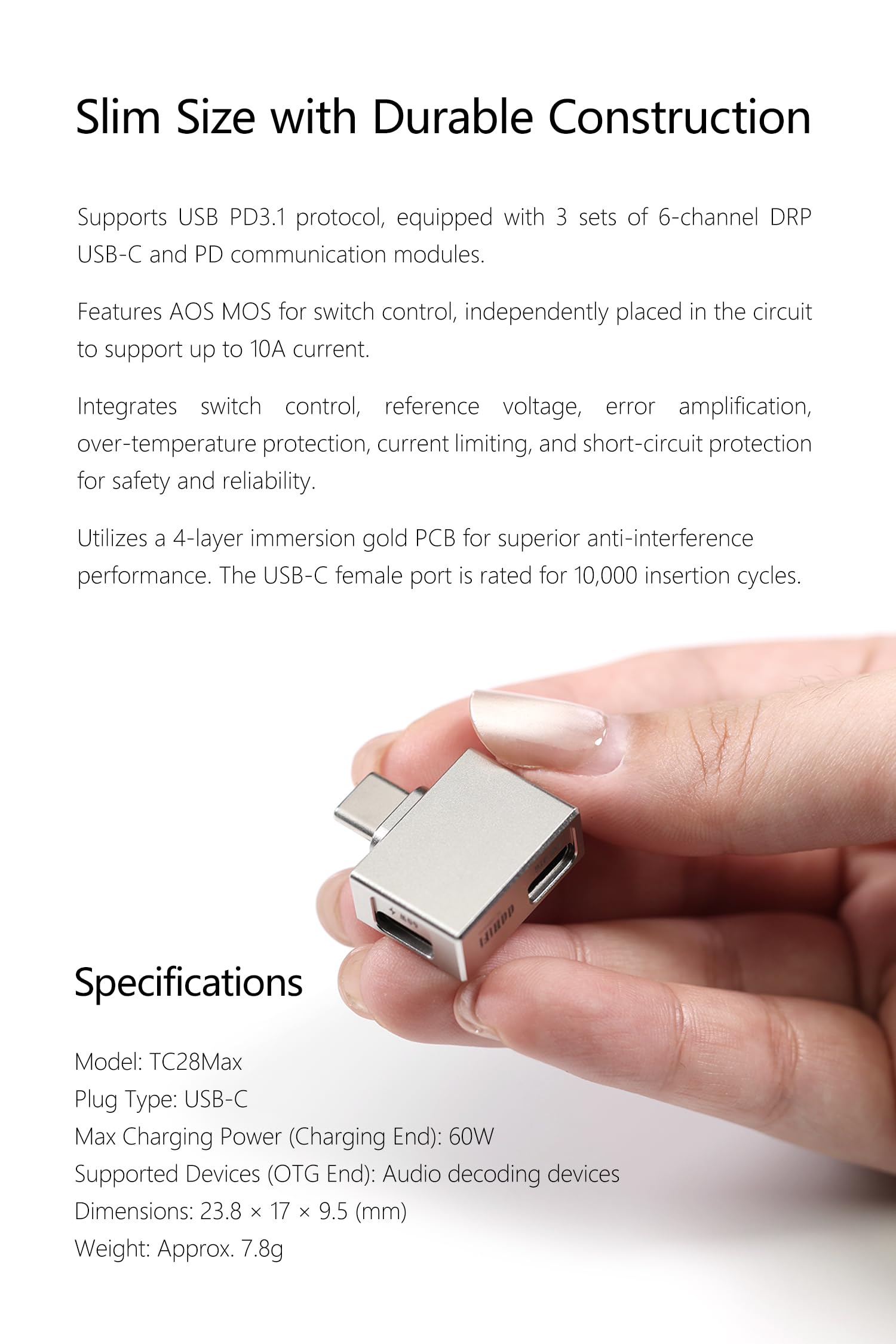 DD ddHiFi TC28Max, adattatore USB-C OTG con ricarica PD da 60 W, DAC/Amp ad alta risoluzione, compatibile per telefono