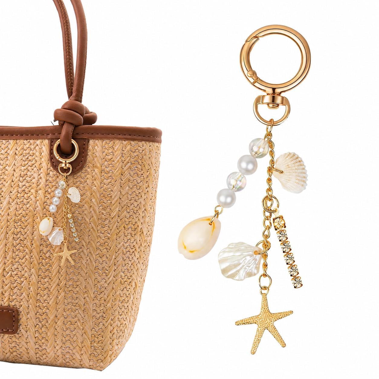 Set di 3 ciondoli per borsa in madreperla e conchiglia, elegante ciondolo per borsa con perle | Ciondolo in conchiglia e perla, ciondolo per borsa oro, ciondolo per borsa a tema mare, accessorio estivo, regalo