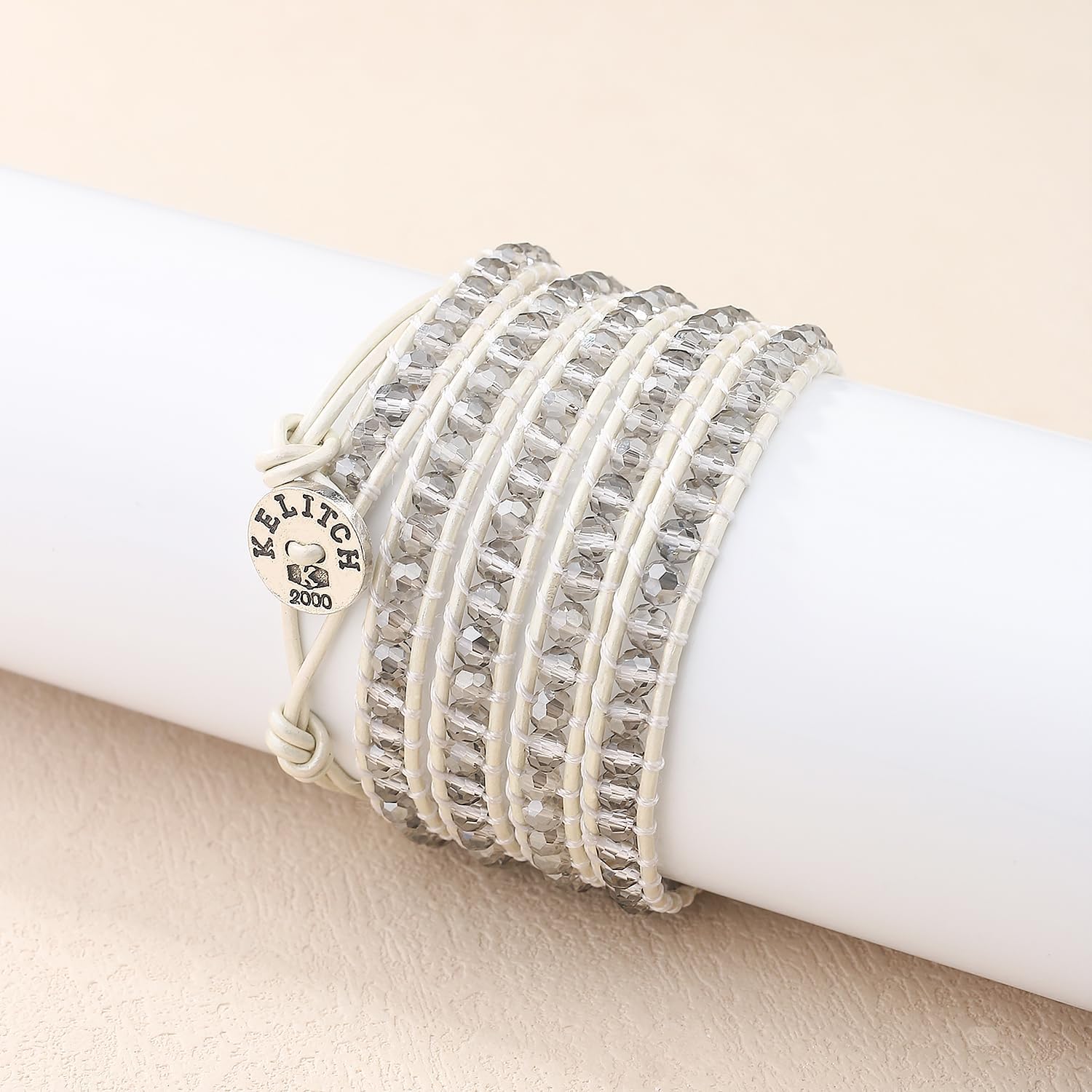 KELITCH New Gray Crystal Beaded 5 Wrap Bracelet On Leather Friendship Bracelets Jewelry for Womens - Image 3