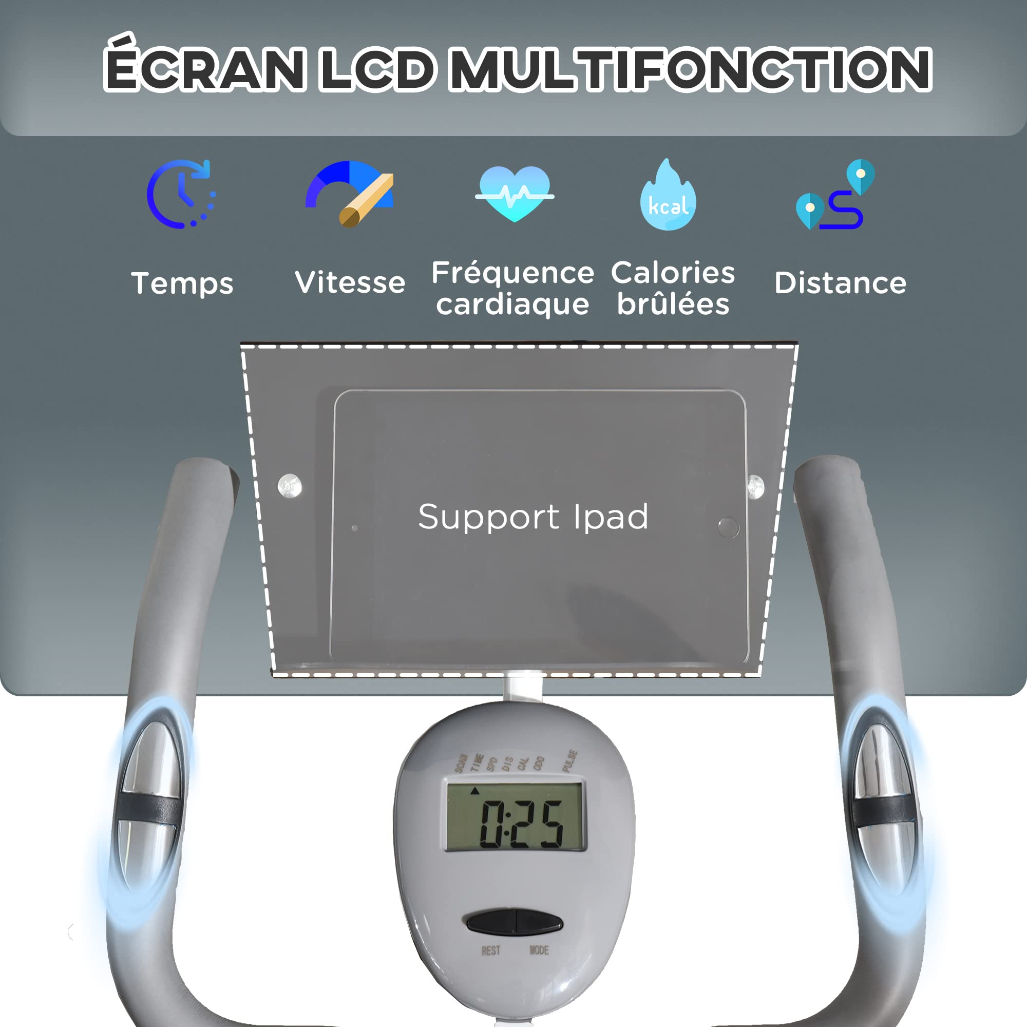 HOMCOM Vélo d'appartement magnetique pliable vélo de fitness vélo d'intérieurgrand confort dossier selle réglable poignées écran LCD multifonction support tablette acier blanc gris