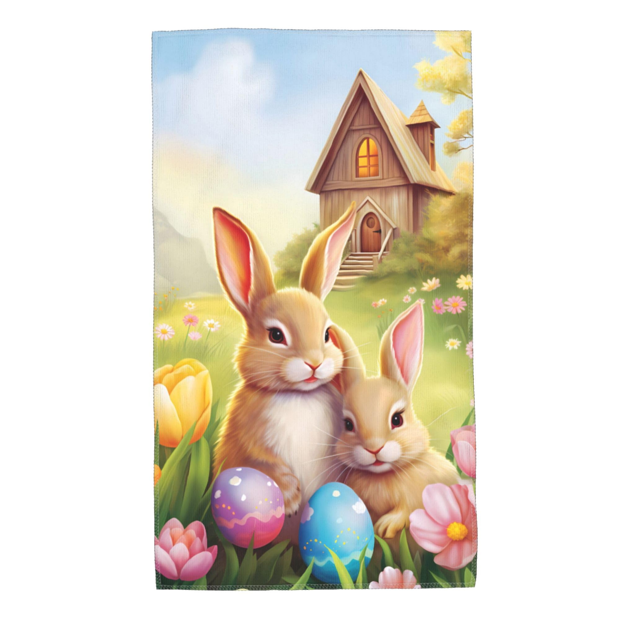 MANTAIYUAN Easter Bunny Eggs Floral Hand Towels for Home and Kitchen, Multipurpose Decorative 13.8x29.5 in Fingertip Towel Wooden House Washcloths Bathroom Accessory