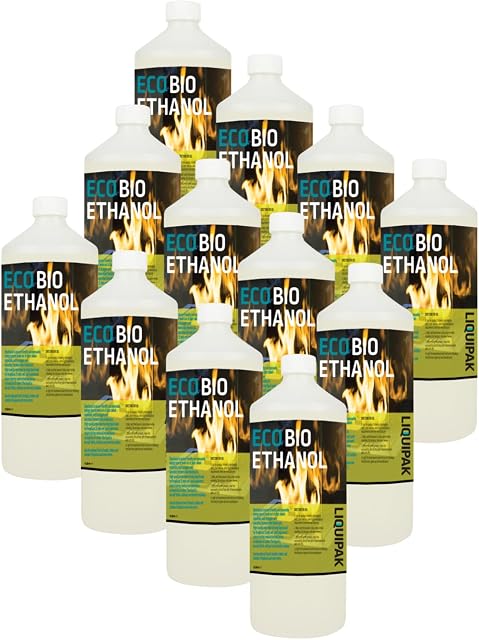 Liquipak Eco Bioethanol 12x1L | Premium Bioethanol Fuel - Bio Ethanol Liquid Fuel for Fire Pits, Fireplaces | High Purity Burning - Indoor & Outdoor 12x1L