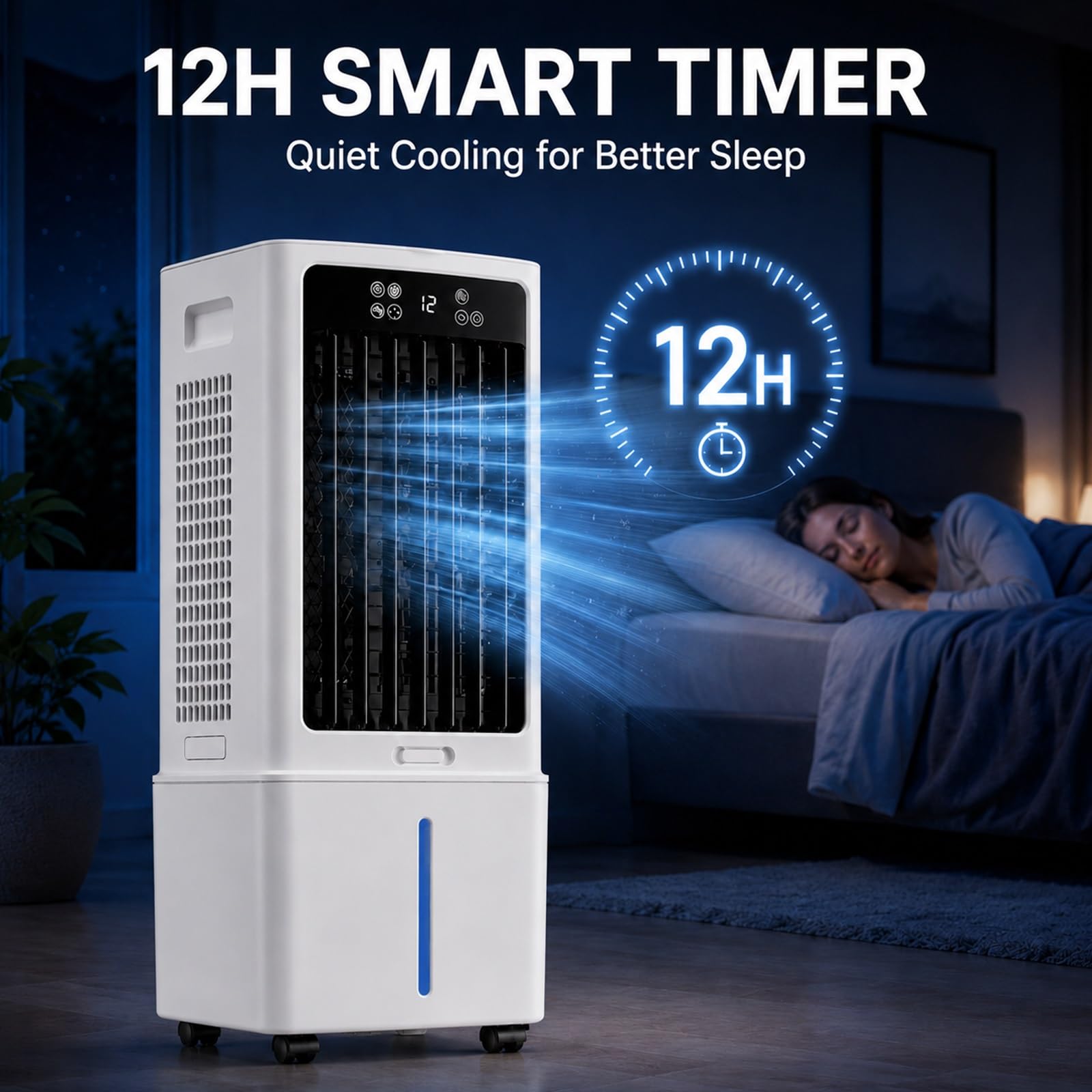 Climatizador Evaporativo Portátil para Hogar, Enfriador de Aire con Ventilador, Depósito de Agua Extraíble, 6 Acumuladores de Frío, Temporizador 12H