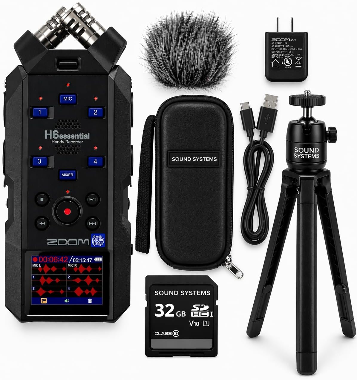 Zoom H6essential 6-Track 32-Bit Float Portable Audio Recorder Bundle with Hairy Windscreen, Case, AC Adapter, USB-C Cable, 32GB SD Card and Mini Tripod