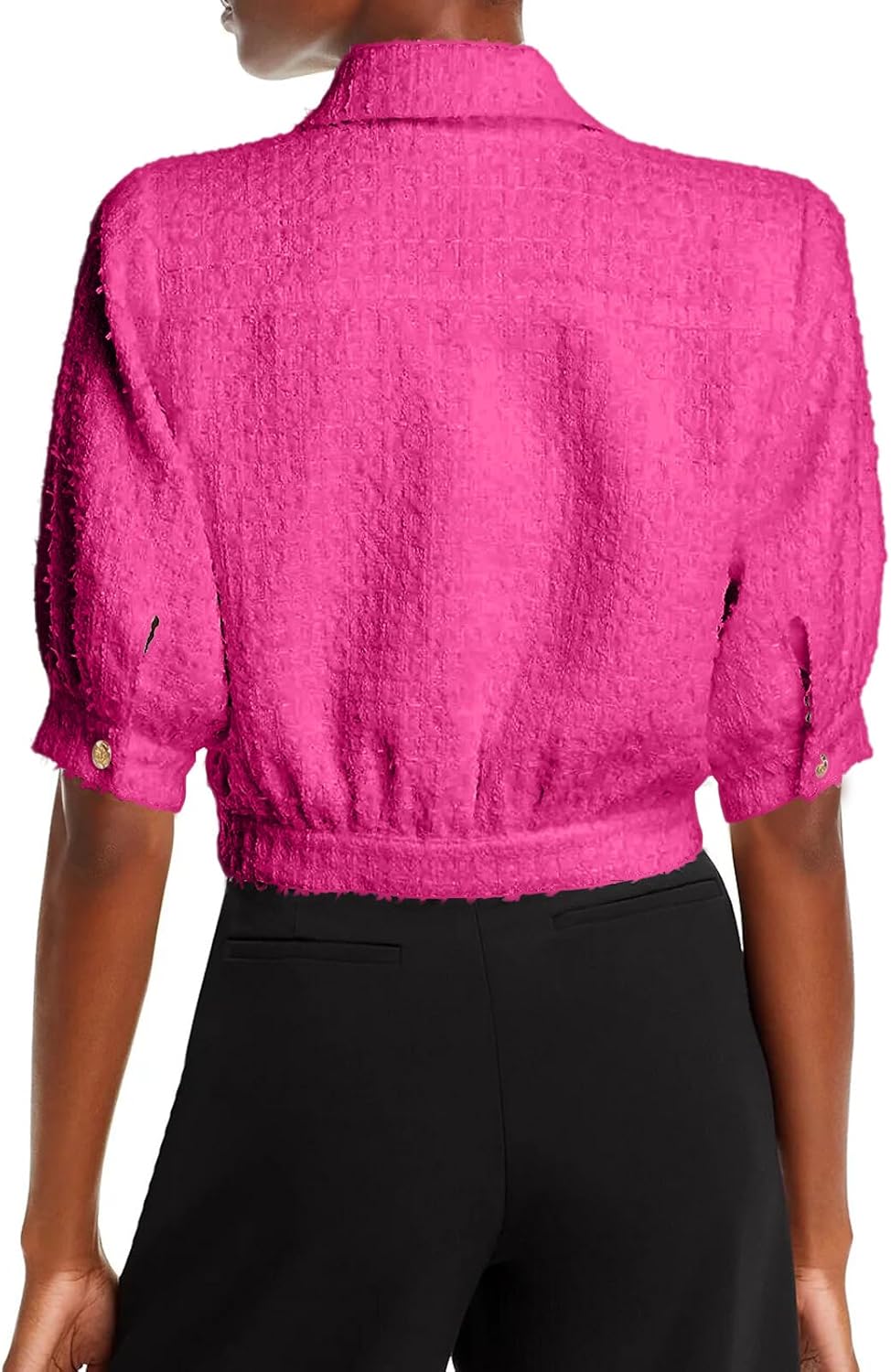 Women's Cropped Tweed Blazer Puff Sleeves Short Sleeve Jacket with Gold Buttons - Image 4