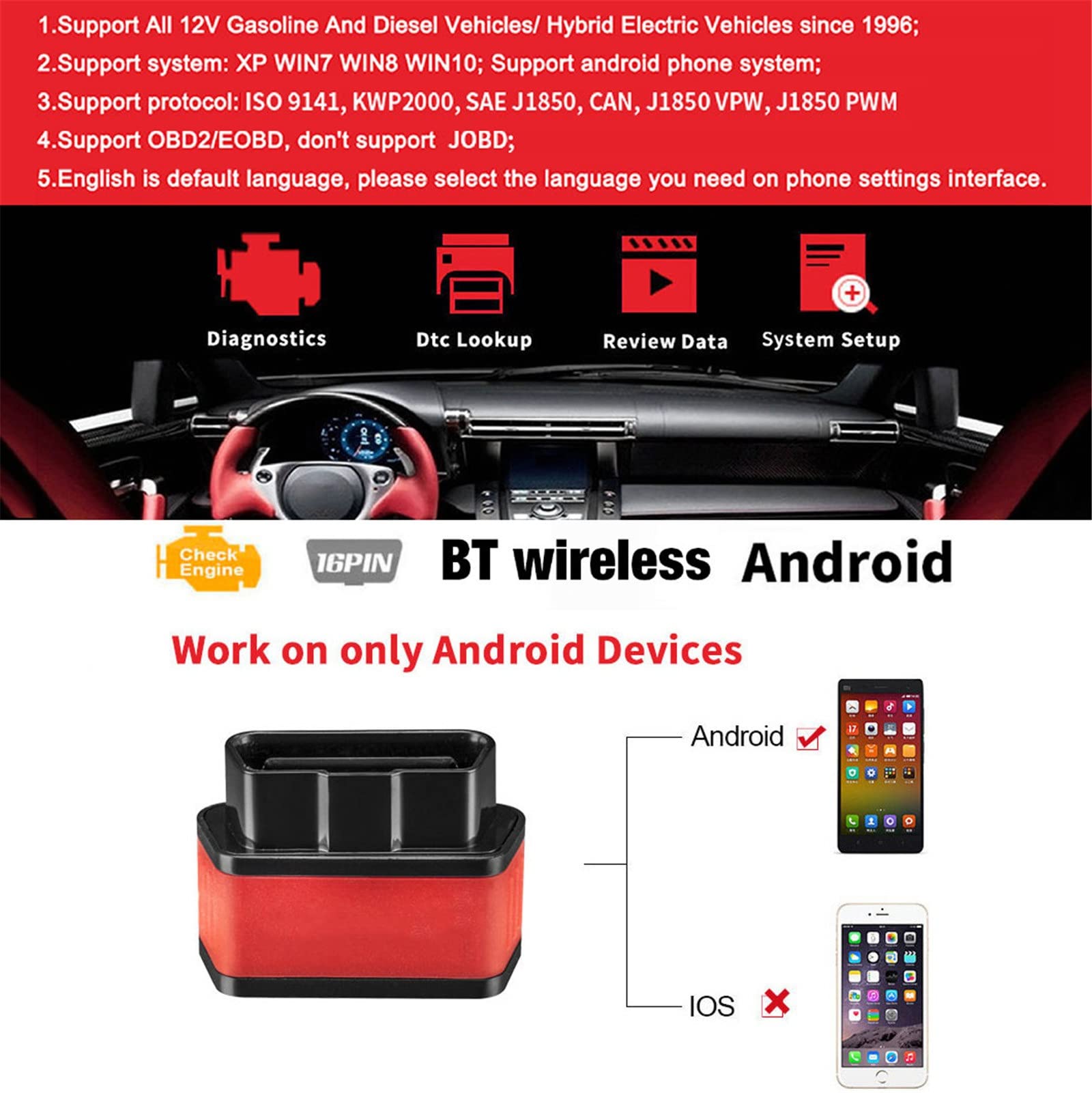Narzędzia Diagnostyczne Bluetooth OBDII ELM 327 Auto Czytnik Kodów OBD2 Obsługa Skanera Samochodowego J1805 V1.5 PIC18F25K80 Chip Dla Androida (Color : Orange)
