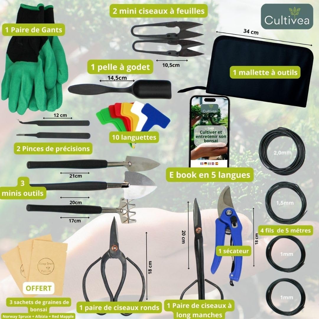 Cultivea® – Coffret duo bonsaï : duo bonsaï mini kit prêt à pousser 6 bonsaïs + lot de 32 outils en acier – Culture & entretien complet – Ciseaux, pinces, fil aluminium – Idée cadeau originale jardin