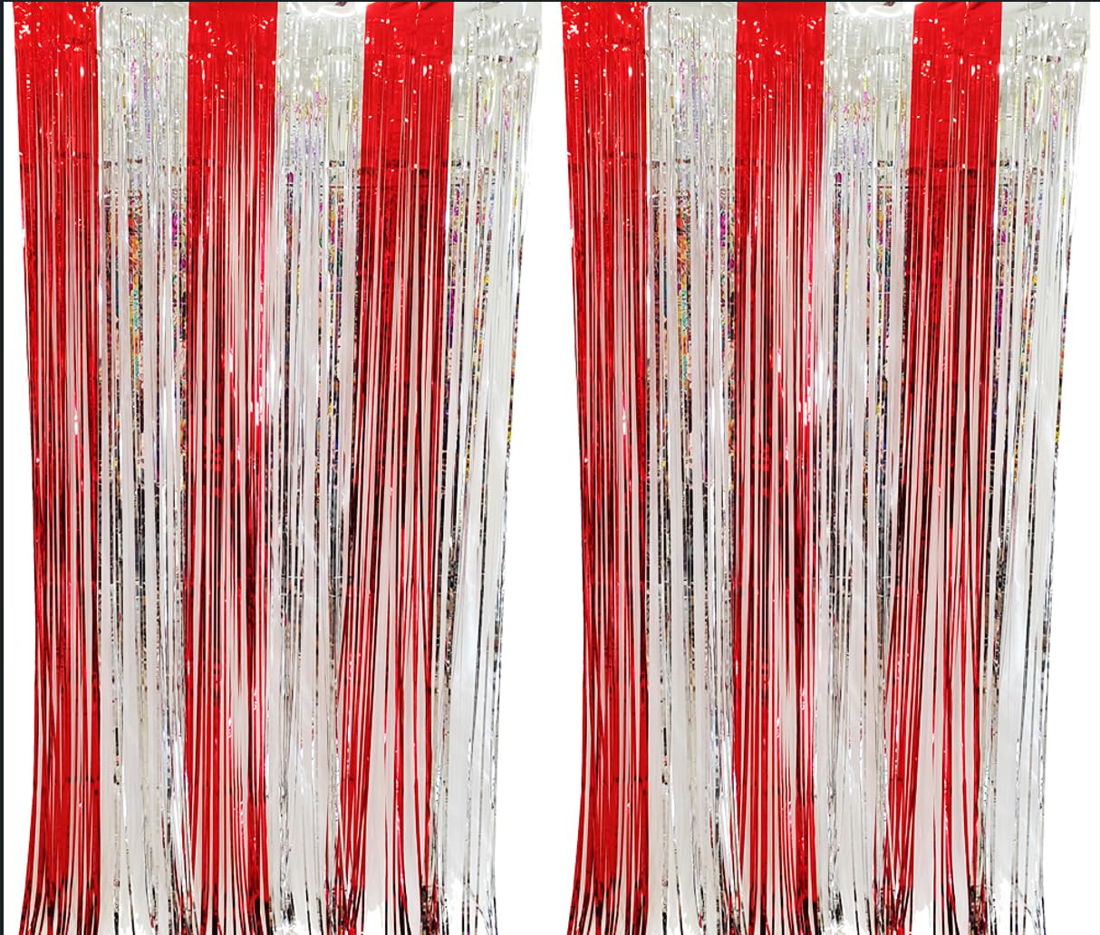 CYBERNOVA 2 Pack Fransen Vorhang Hintergrund, 1Mx2M Metallic Tinsel Folie Fransen Luftschlangen Vorhänge Hintergrund für Hochzeit Geburtstag Jahrestag Graduierung Party Dekoration (rot-silbern)