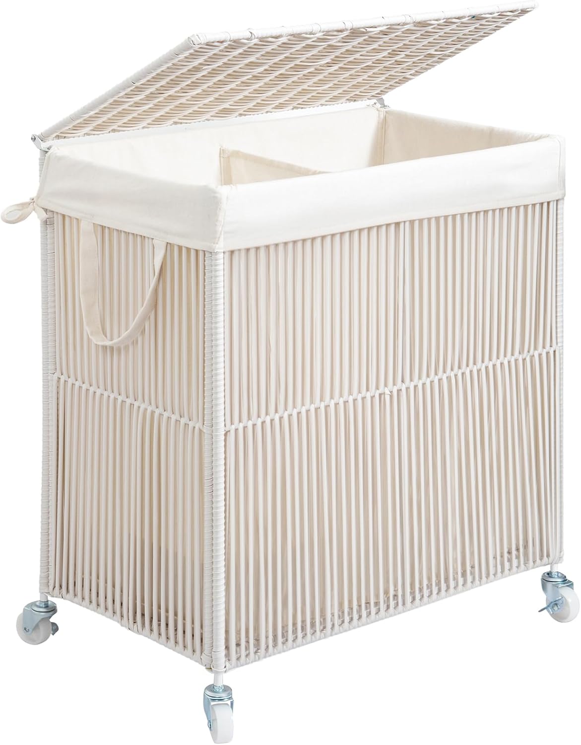 WOWLIVE Laundry Hamper with Wheels, Handwoven Rolling Laundry Basket with Lid, Clothes Hamper with Divided Removable Liner Bag, 115L Large Laundry Sorter Laundry Room Organization, Creamy White 115L(22 x 13 x 26.4 Inches) Creamy White