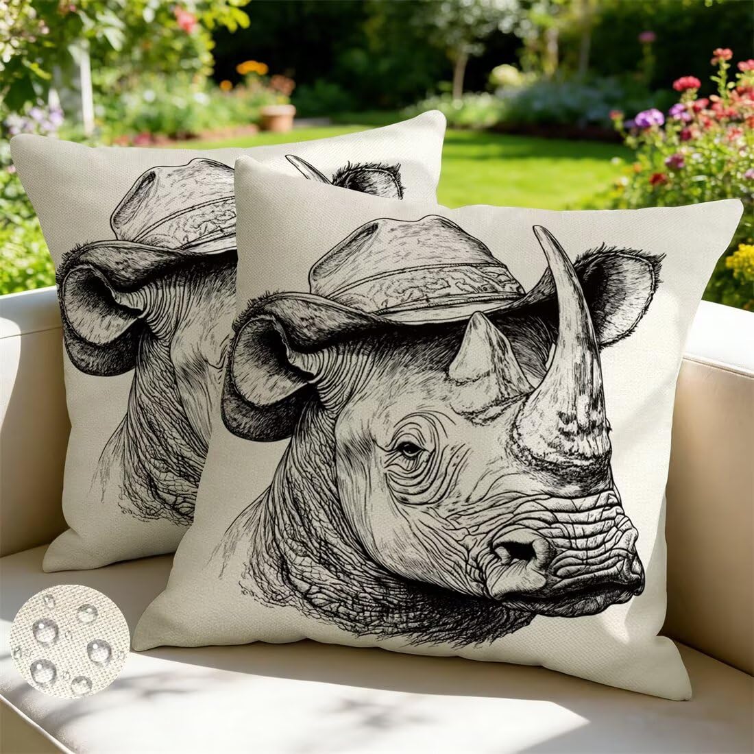 Wangllpgy Rhino Outdoor Cushions 35Cm X 35Cm Set Of 2 Waterproof Cushion Covers Animals Garden Cushions Summer Decorative Pillows Throw Pillow Covers Double-Sided For Outdoor Patio Garden Couch Sofa -Gy477