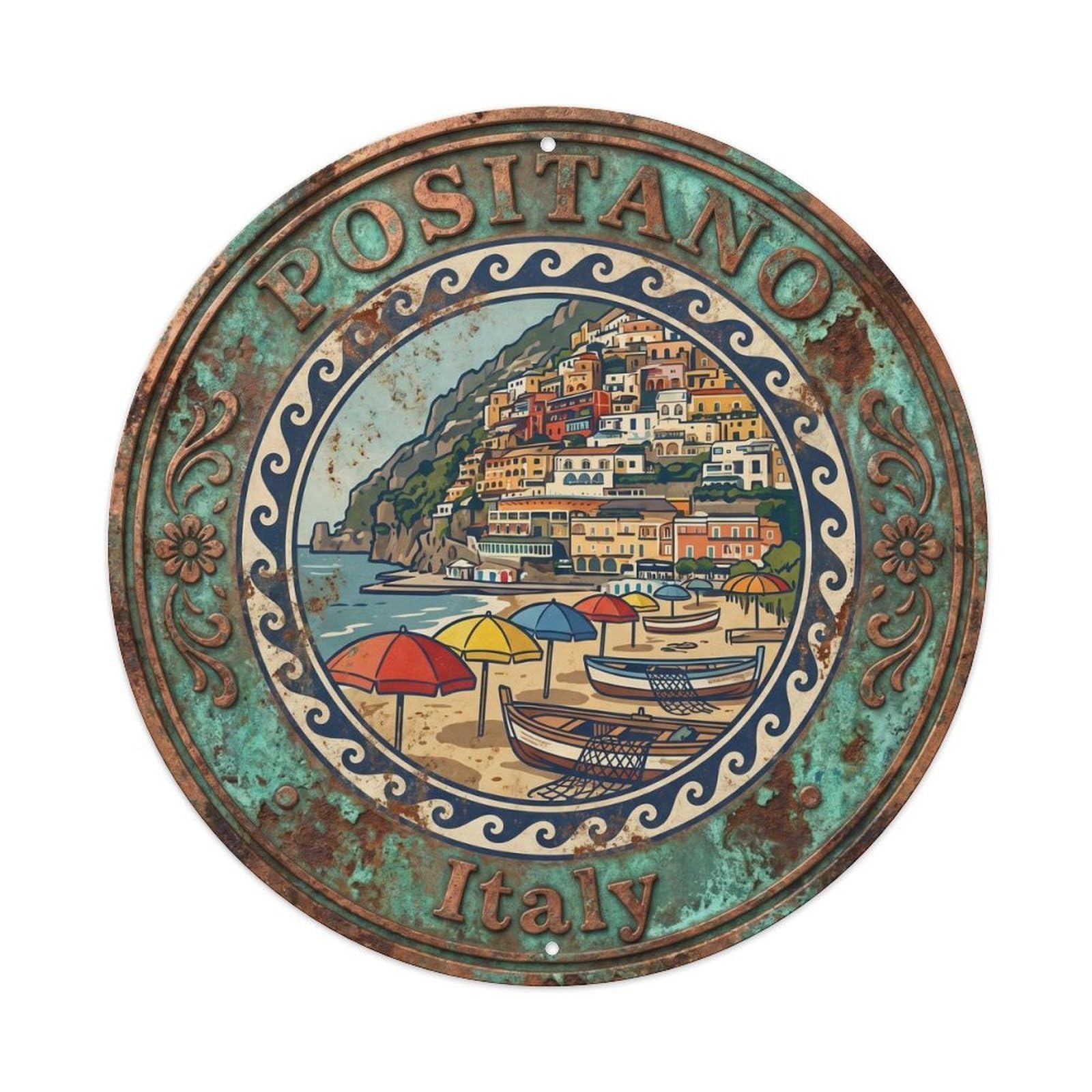Classic Positano Italian Crest Amalfi Coast Campania Metal Tin Sign Plaque Wall Decor for Cafe, Man Cave, Club Bar, Office, Home Garden Round Metal Poster 8x8Inch