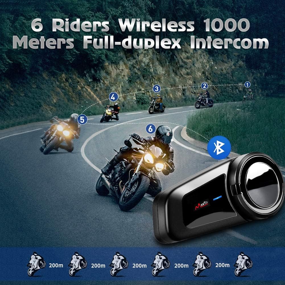 QSPORTPEAK Motocyklowy zestaw słuchawkowy Bluetooth, M2 1000 m, kask dla 6 jeźdźców, interkom Bluetooth, z redukcją szumów, radiem FM, uniwersalne systemy komunikacji motocyklowej do ATV, motocykla,