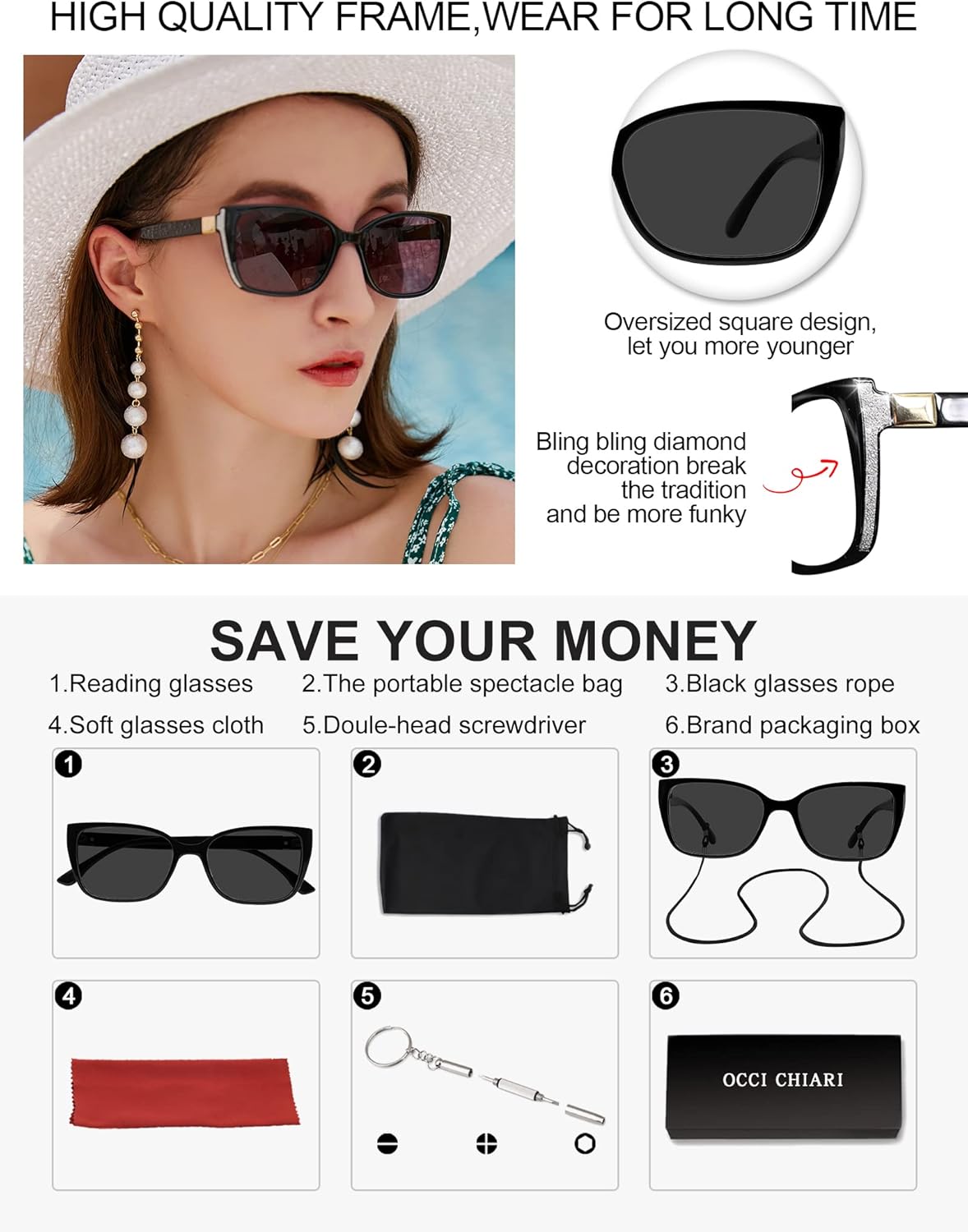 OCCI CHIARI Oversized Reader Sunglasses Women Reading Sunglasses(1.0 1.25 1.5 1.75 2.0 2.25 2.5 2.75 3.0 3.5) - Image 5