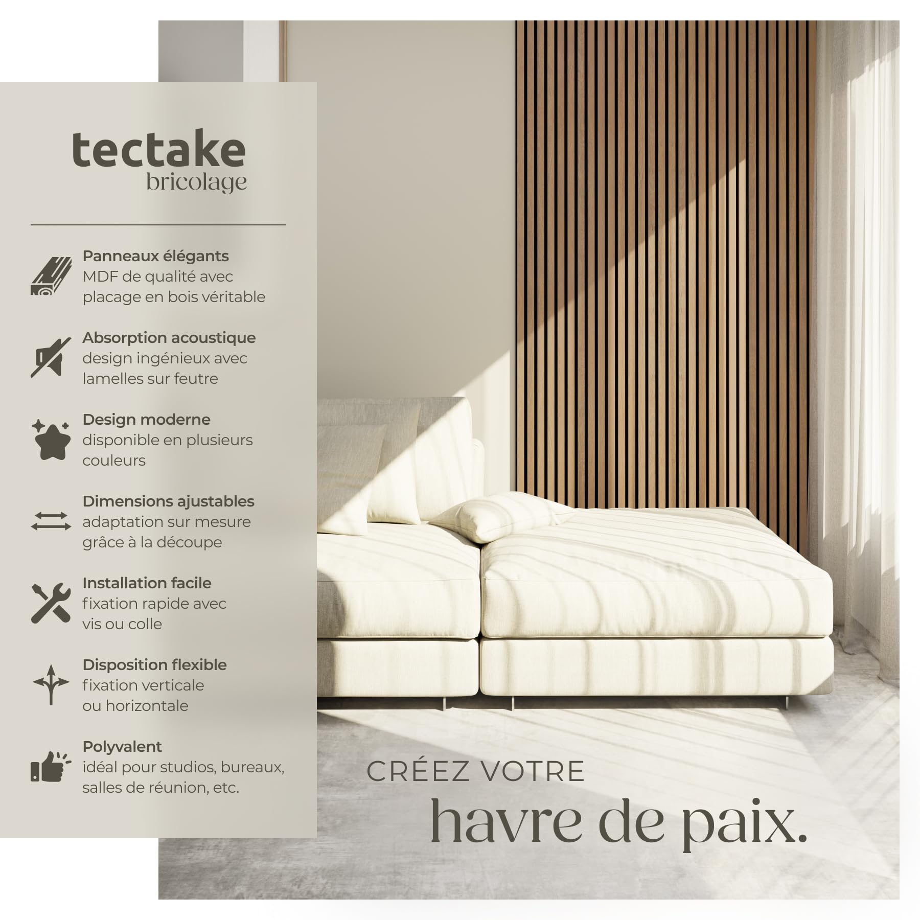 tectake® Lot de 4 Panneaux Acoustiques muraux et pour plafond, en Bois MDF, 110 x 50 x 1,8 cm, Feutre insonorisant, Panneau Mural decoratif pour Isolation phonique Chambre, Bureau, Studio de musique