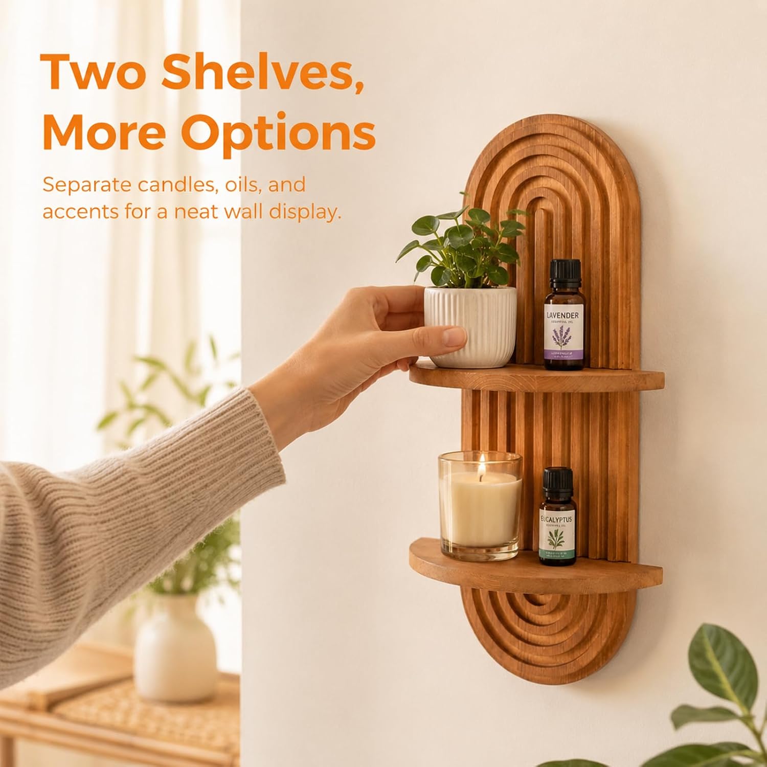 2-Tier Boho Wall Plant Shelf, Decorative Wooden Floating Shelves for Wall Decor, Retro Century Wooden Wall Decor Shelf for Bedroom Living Room, Holds 11lb