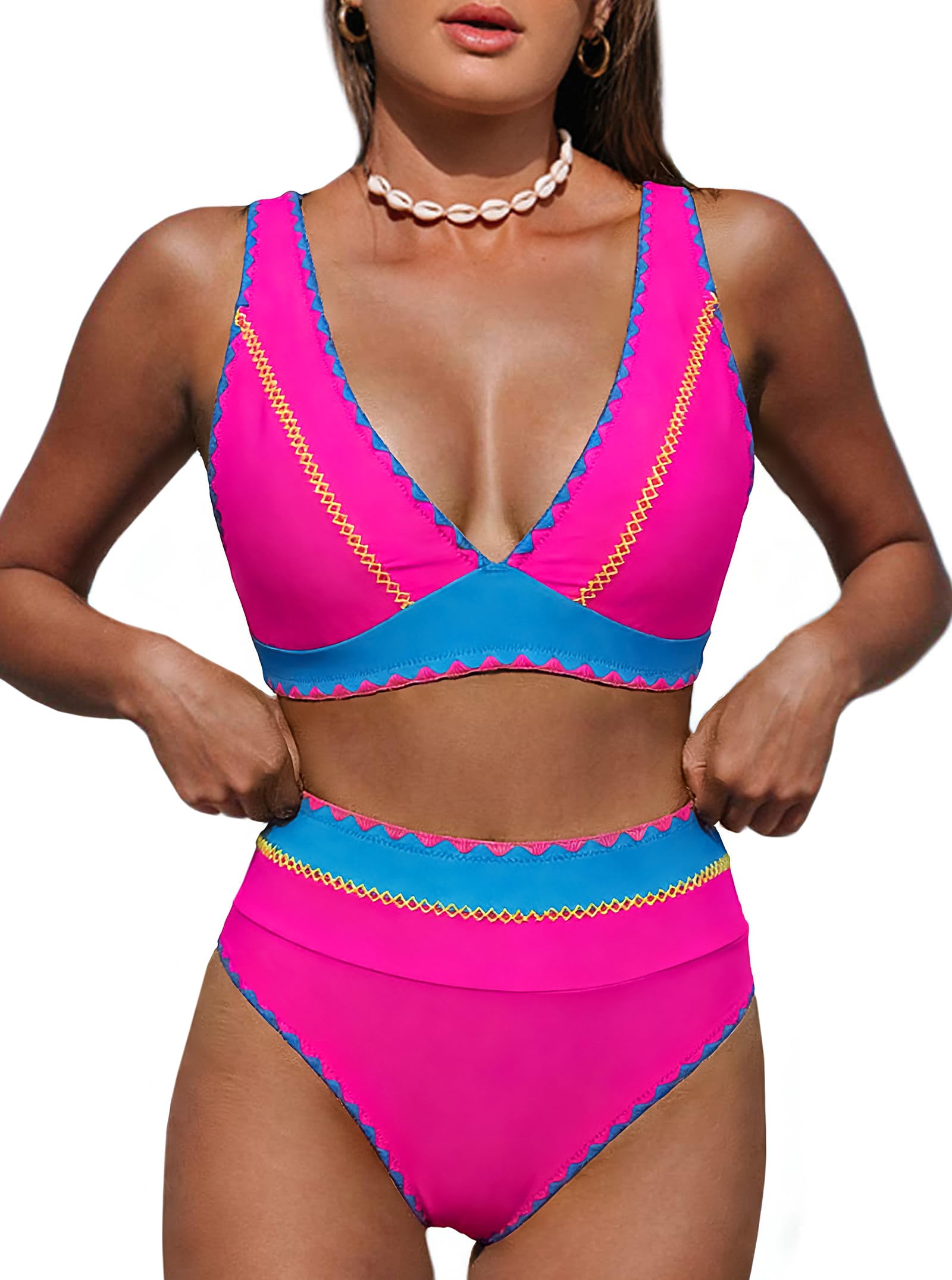 Hilinker Women's Leopard Bikini Swimsuits V Neck High Waisted 2 Piece Bathing Suits