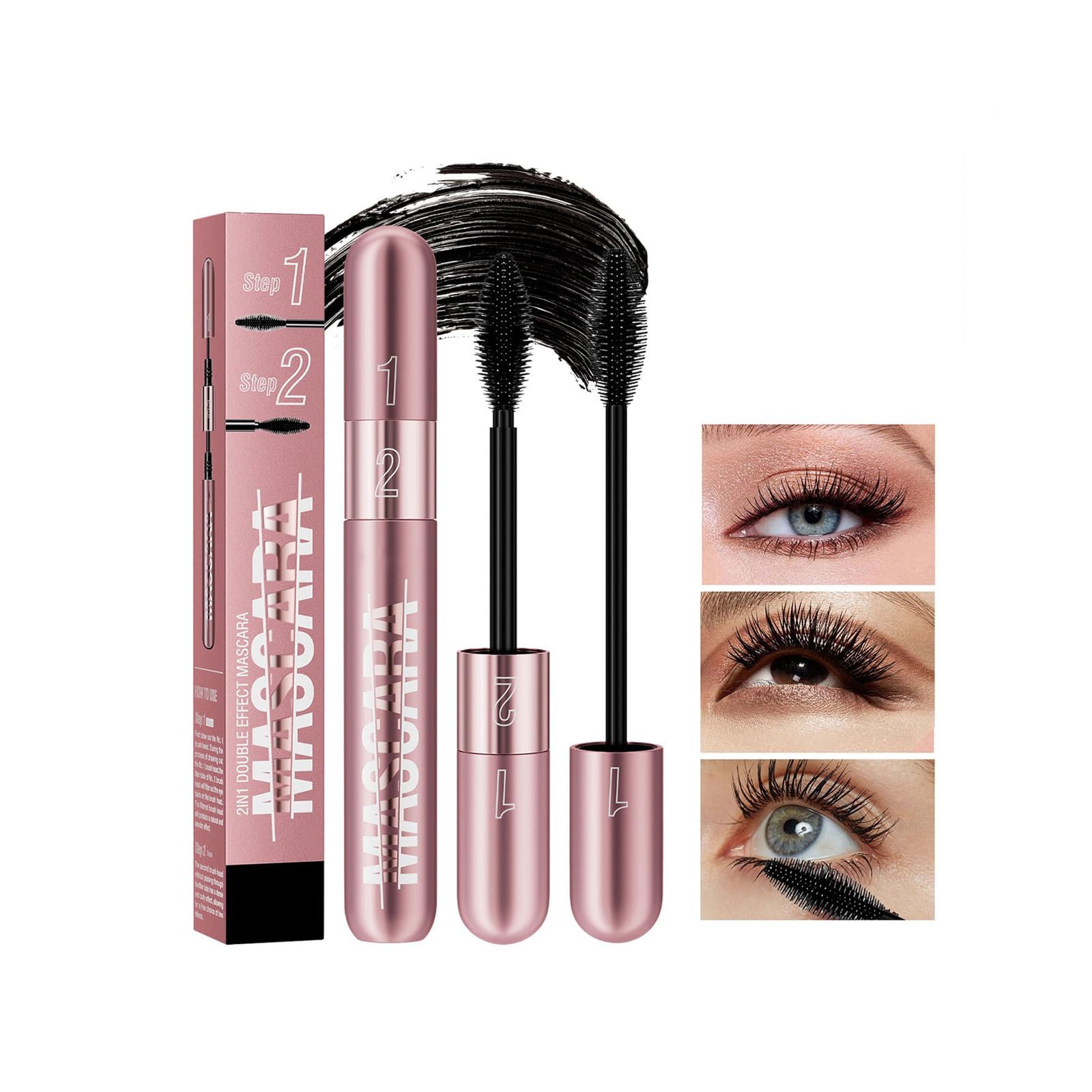 2 In 1 Volume and Length Waterproof Mascara - Long Lasting Dual-Ended Tubing Eye Makeup - No Clumping Dual Lash System, Creates Natural-Looking and Stays on All Day, Black