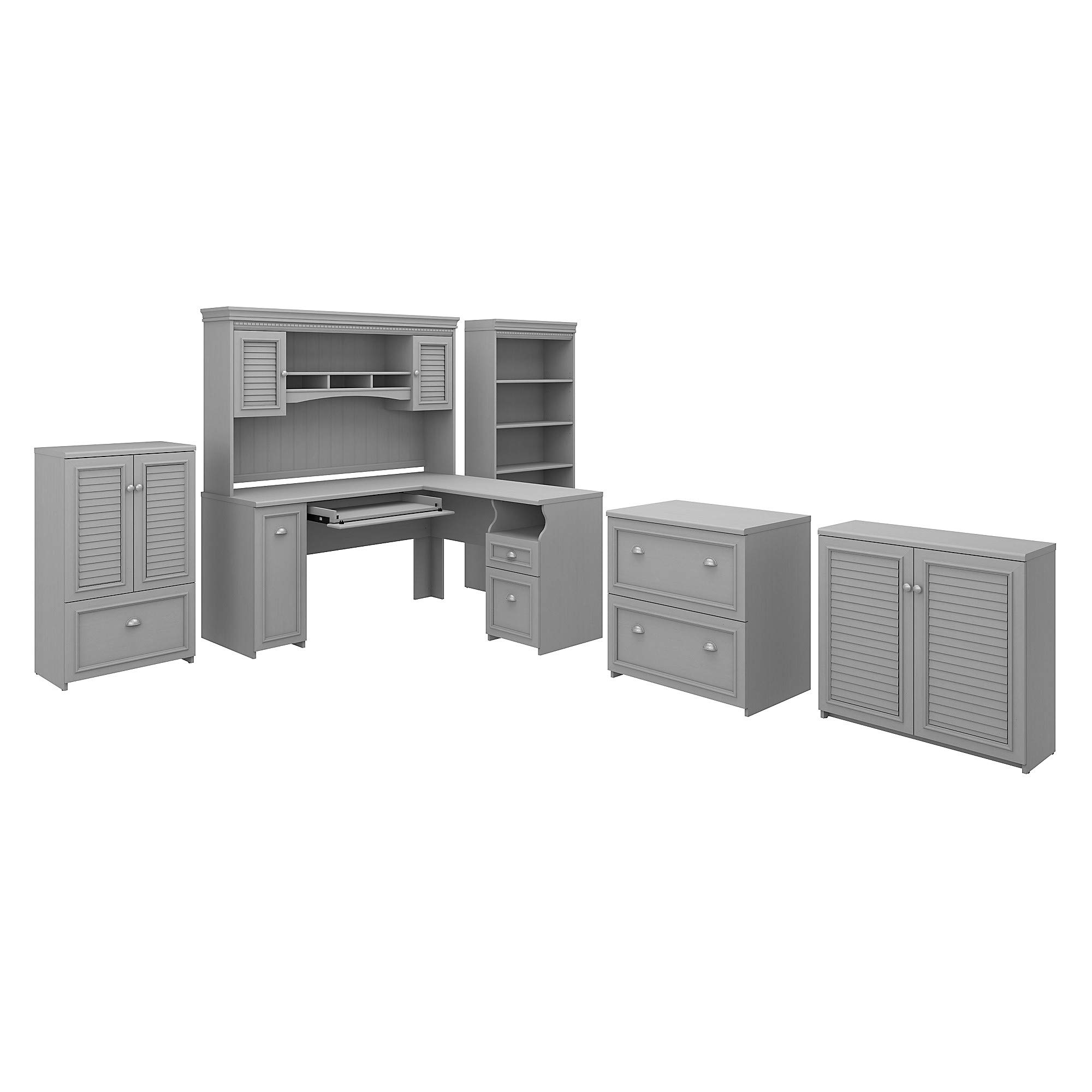 Bush Furniture Fairview L Shaped Desk with Hutch, 5 Shelf Bookcase, Lateral File and Storage Cabinets | Home Office Furniture Sets, 60W, Cape Cod Gray