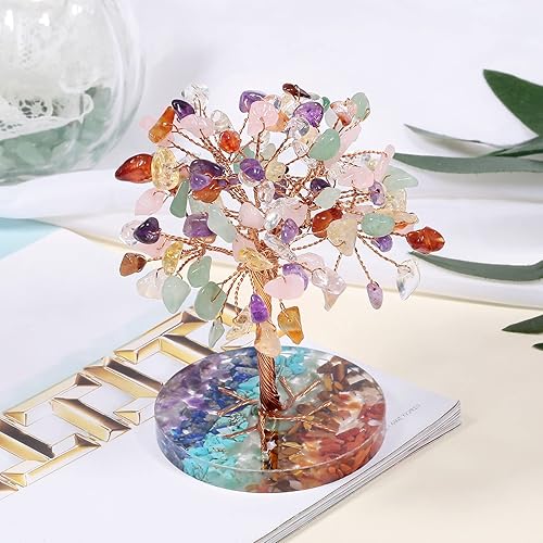 Miniatura 3 de rockcloud Árbol de dinero de alambre de cobre de piedras mixtas con base redonda de resina colorida, árbol de piedra bonsái hecho a mano para