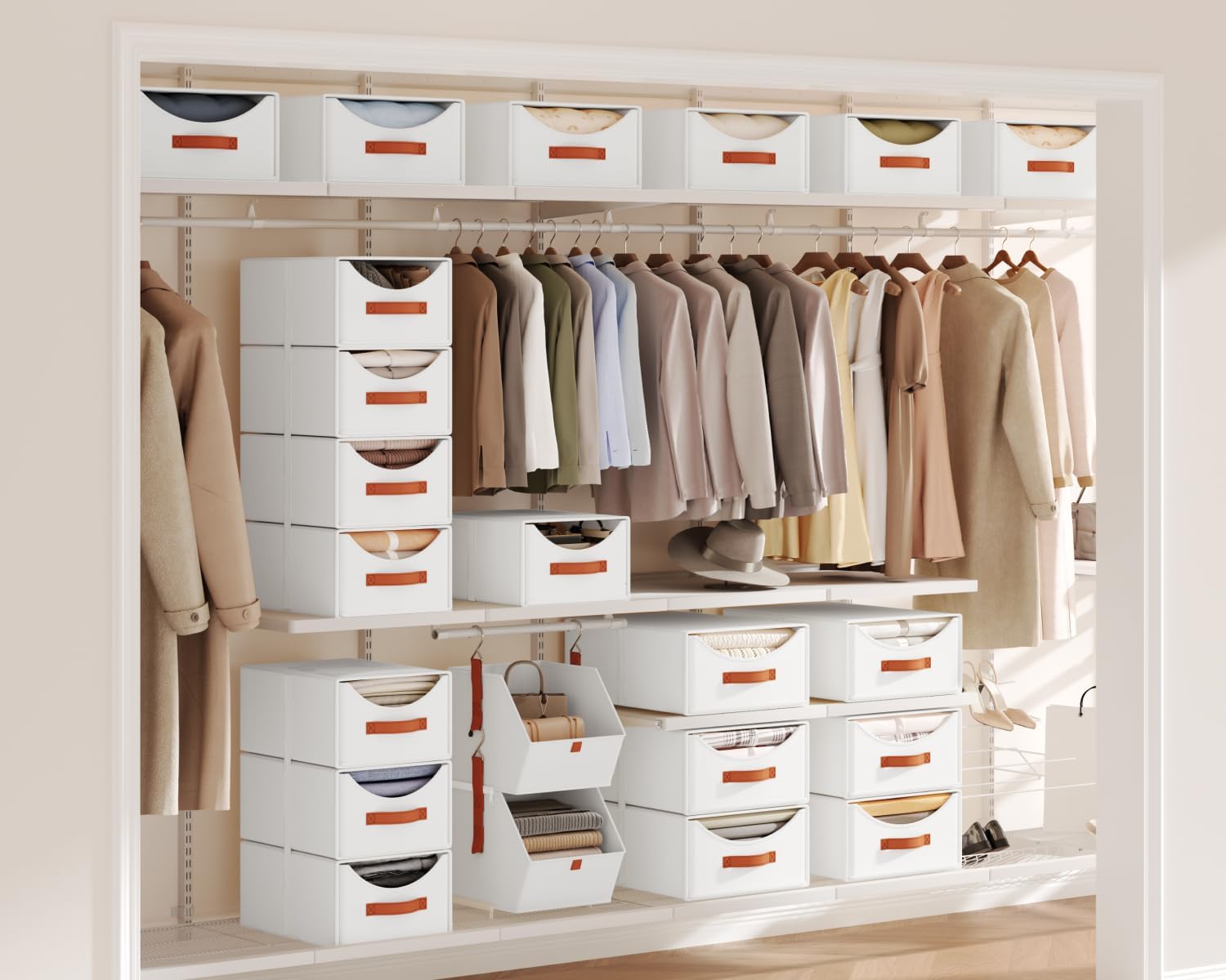 Homsorout Stackable Storage Drawers - Fabric Pull Out Organizer, White | Collapsible Storage Bins with Drawers, Closet Shelf Organizer, Multifunctional Space-Saving Bins, For Bedroom, Dorm