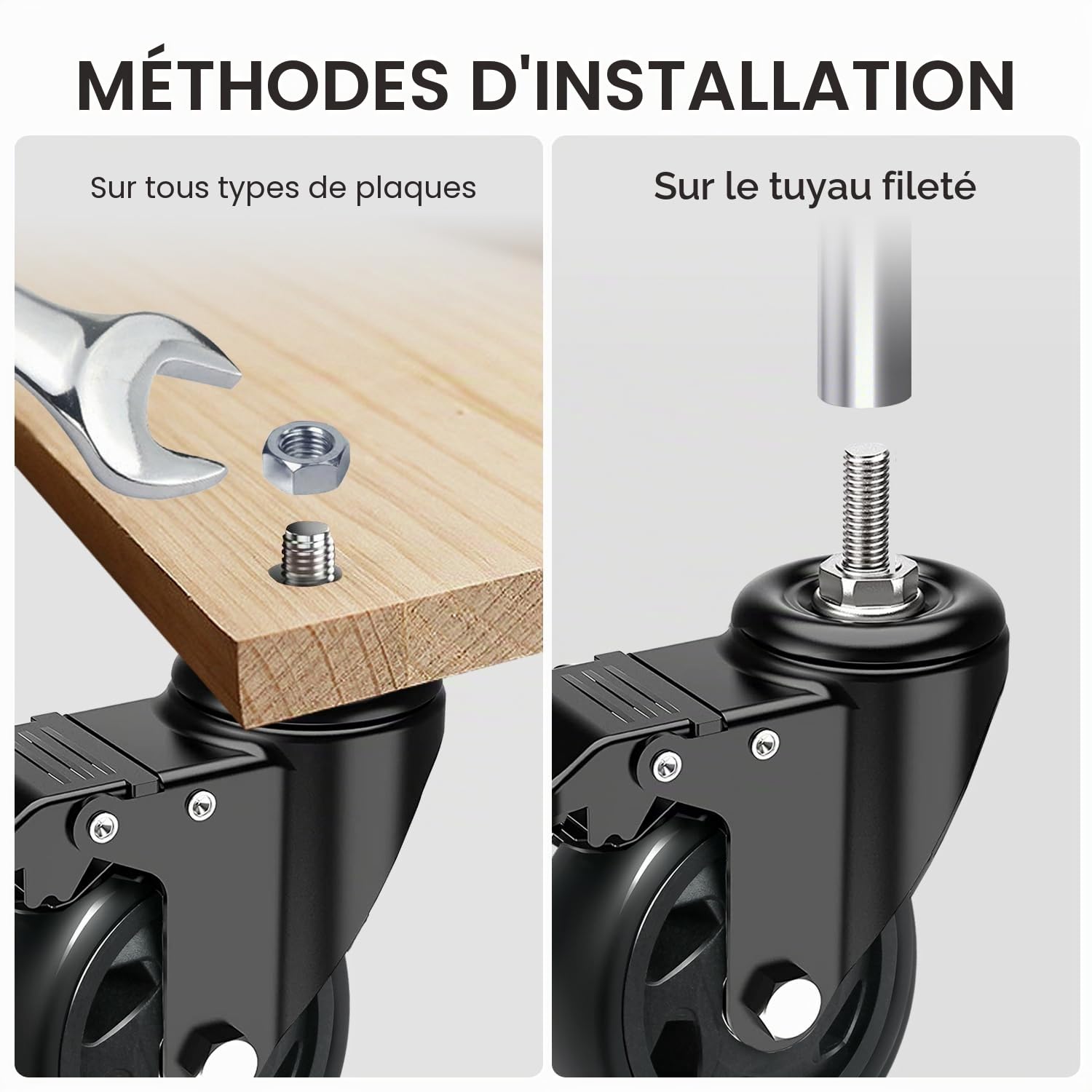 Roulette Charge Lourde avec Frein, 125MM Roulettes pour Meubles avec Tige Fileté M10x30mm Roulette Pivotantes À 360 Degrés, pour Tous Les Sols, 4 PU Roulettes Jusqu'à 650KG