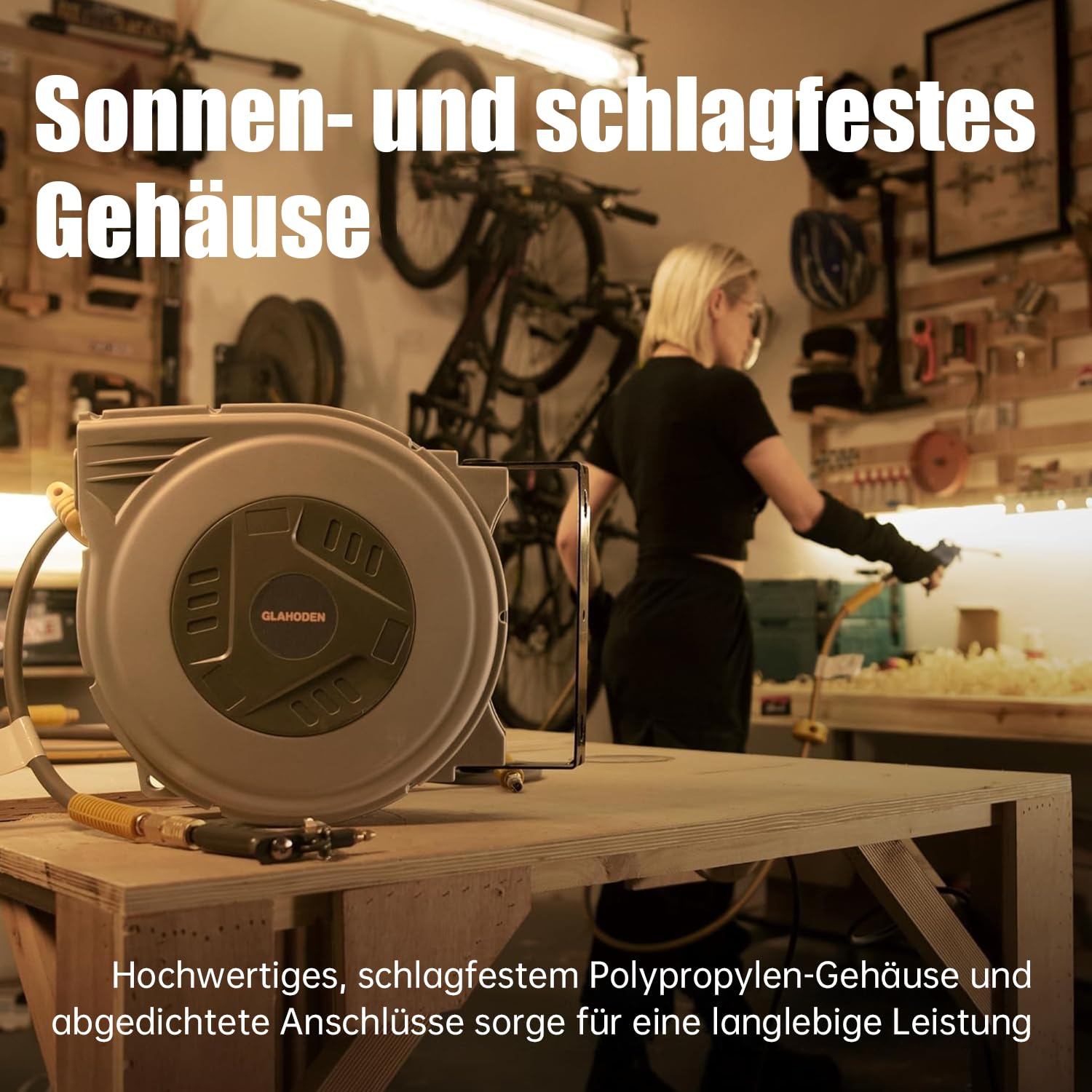 GLAHODEN Druckluftschlauchtrommel, 20m+2m, Luftkompressor-Schlauchtrommel mit 9.5mm Druckluft Schlauch Und 1/4 Zoll Anschluss(12 Bar max)