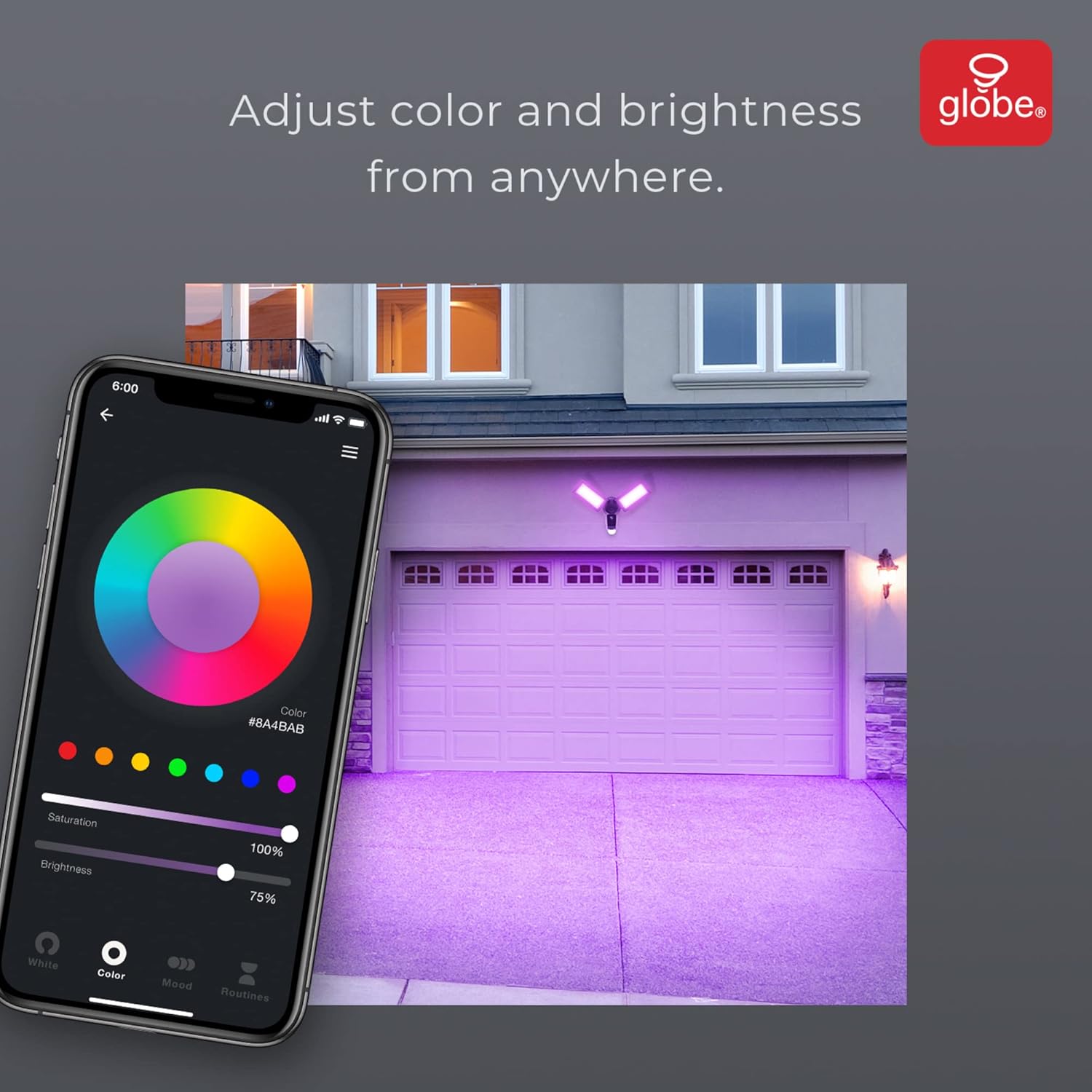 Smartphone app interface showing RGB color selection for the security light