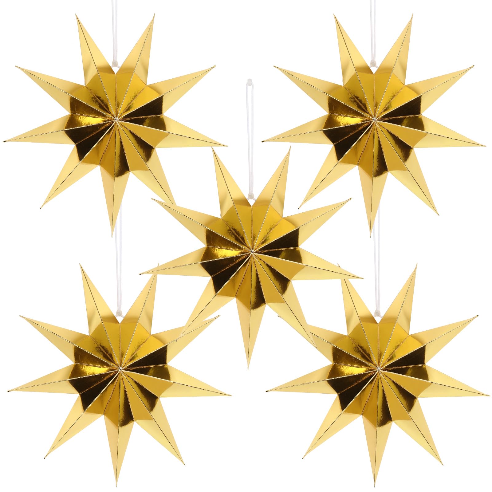 12 Inches 5 PCS Gold Paper Star Lanterns Christmas Party Decorations Hanging Stars Wedding Birthday Christmas Home Party Decorations(9 Pointed)