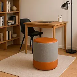 Puff Plus Banquinho Redondo Decorativo em Linho Base e Tampo Courino Cinza/Caramelo 48cm x 38cm