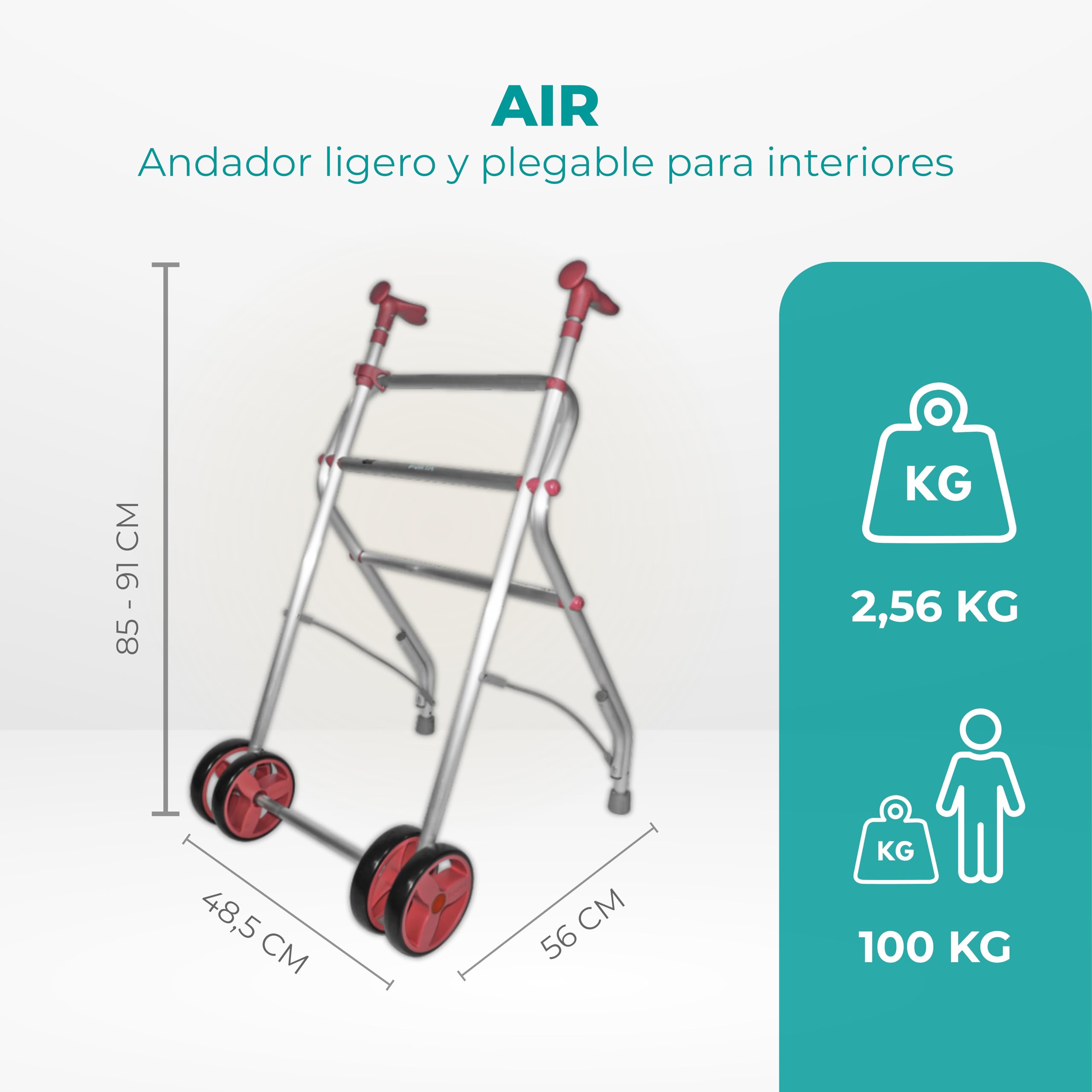Forta AIR - Chodzik dla seniorów - Składany i lekki chodzik obciążający do 100 kg - Regulowana wysokość - Łatwe składanie chodzika do wewnątrz - przednie podwójne koła (koralowy)