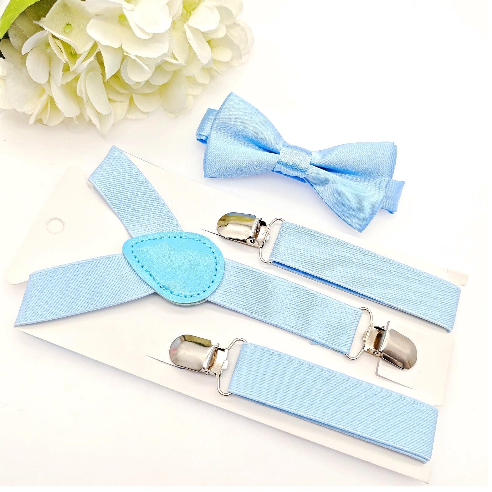 JZK Conjunto pajarita y tirantes azul claro para niños menos 135 cm, ajustable con clip forma Y tirantes con pajarita azul cielo para infantil pequeños, para bodas, fiestas