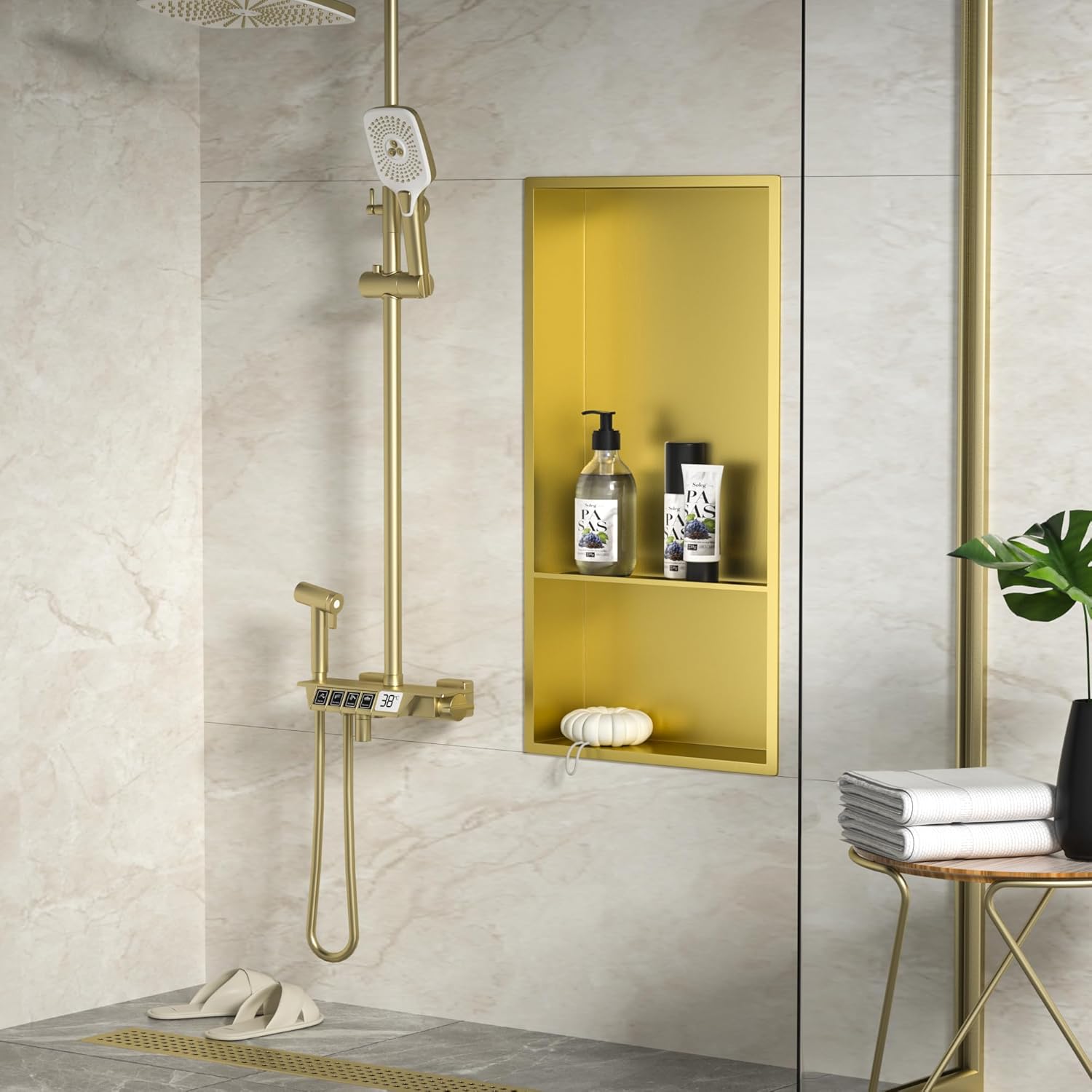 Stainless Steel Shower Niche 12 X 24 Gold with Double Shelves No Tile Needed Niche Shower for Bathroom Storage Recessed Shower Shelf Over Mount Installation